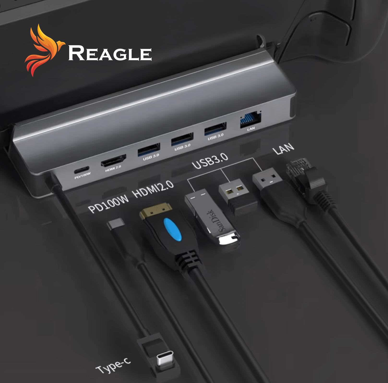 Czarny hub z różnymi połączeniami kablowymi. Logo widoczne jest na górze.