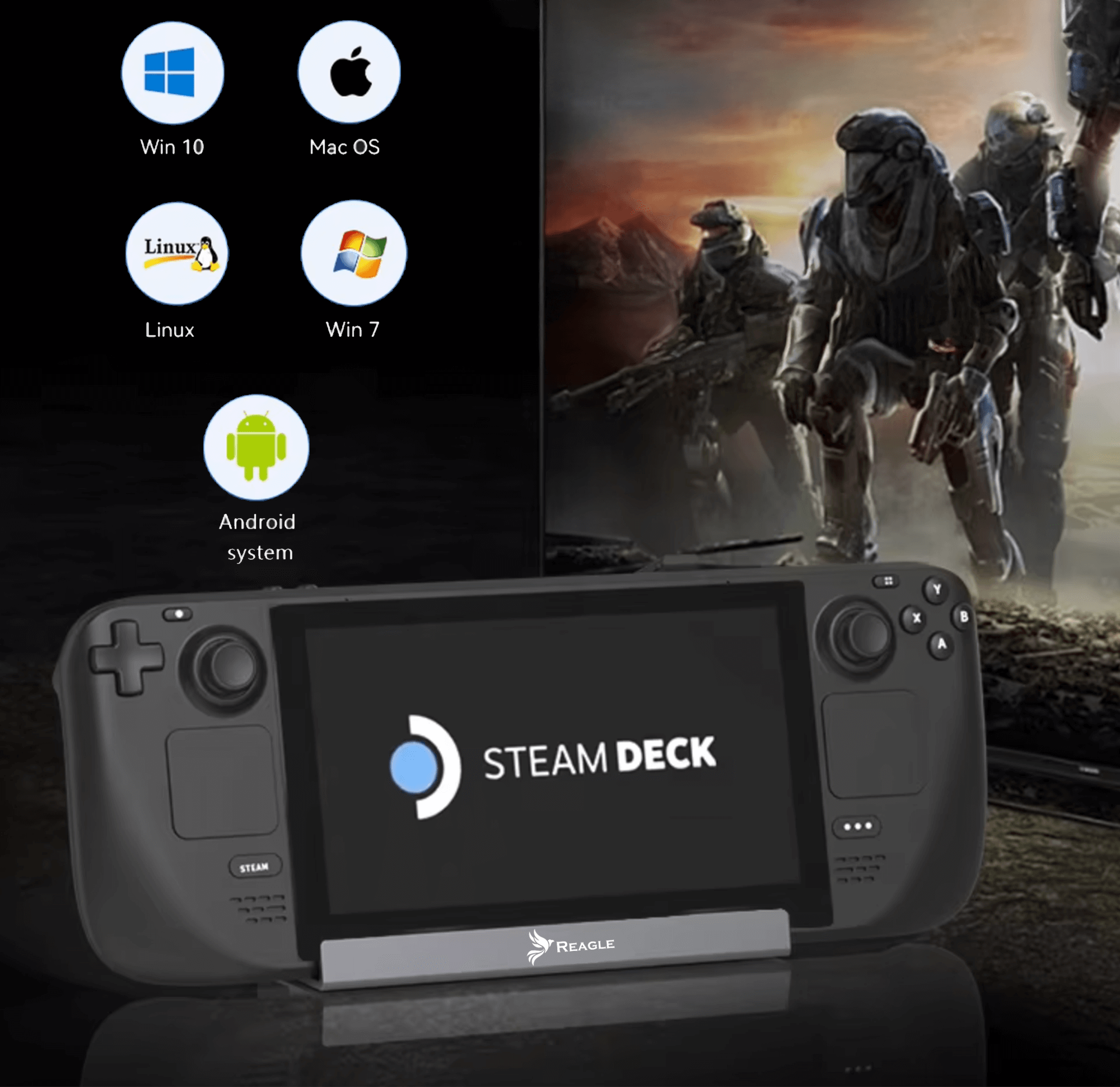 Konsola do gier z ekranem wyświetlającym logo Steam Deck. Umieszczona jest na stojaku z logo Reagle.