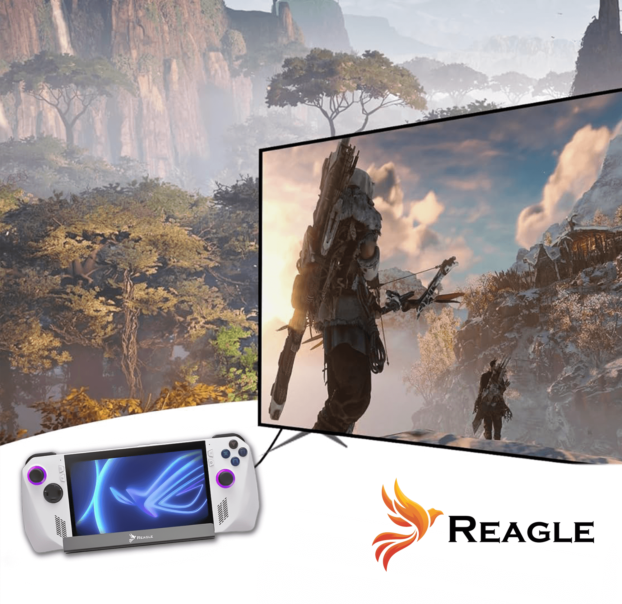 Konsola do gier wyświetla grę na ekranie. Scena przedstawia ośnieżony krajobraz z wojownikiem.