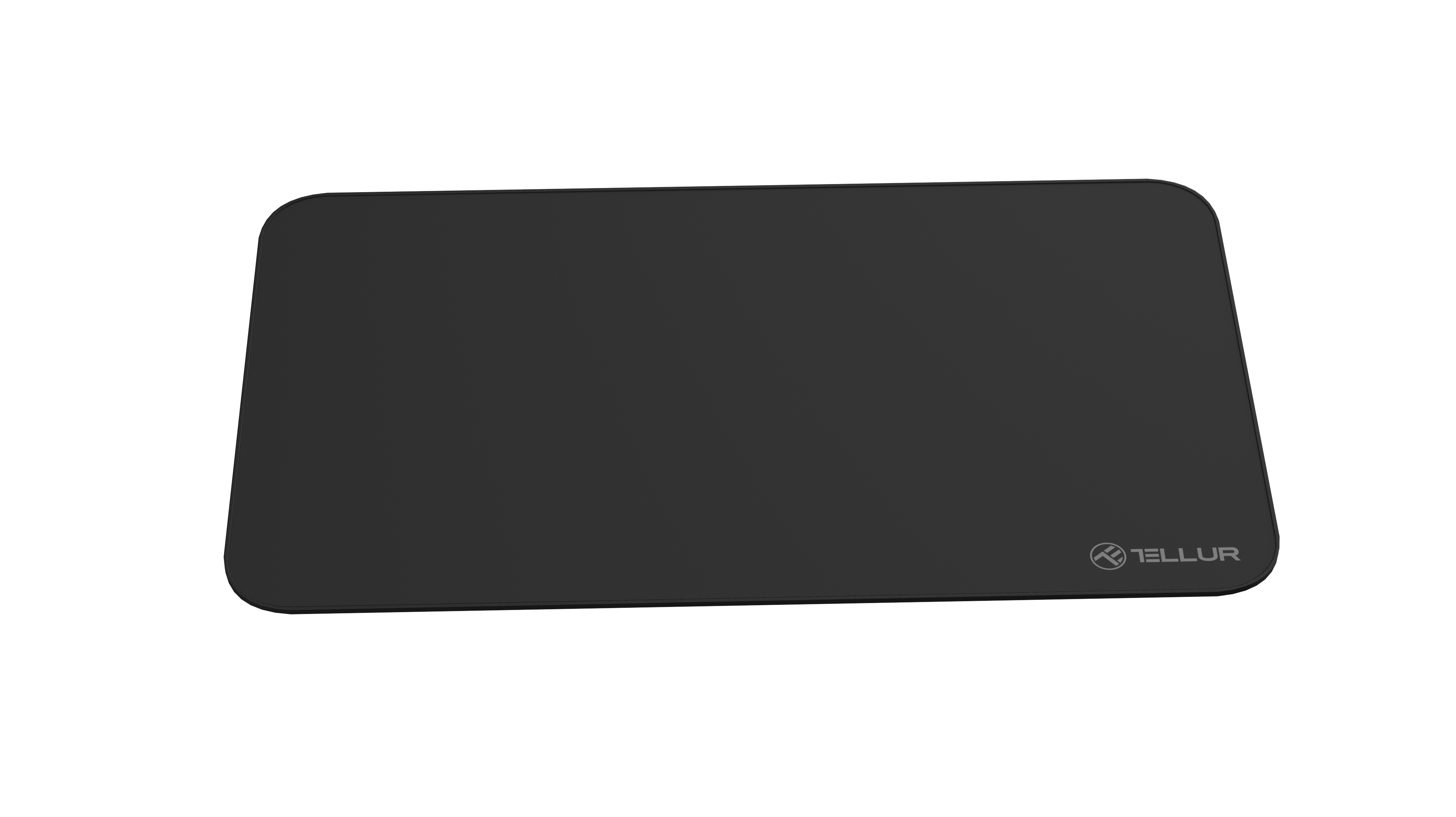 Ein schwarzes Mauspad mit abgerundeter Rechteckform. Das Tellur-Logo ist in der unteren rechten Ecke sichtbar.