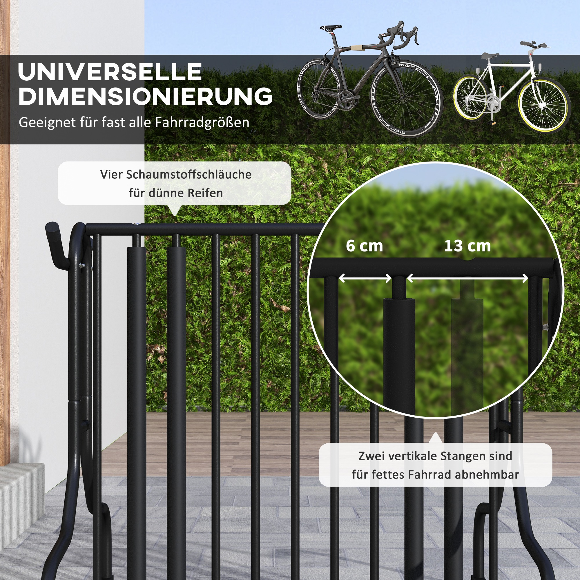 Fahrradständer mit Text, Abmessungen und zwei Fahrrädern mit grüner Hecke im Hintergrund.