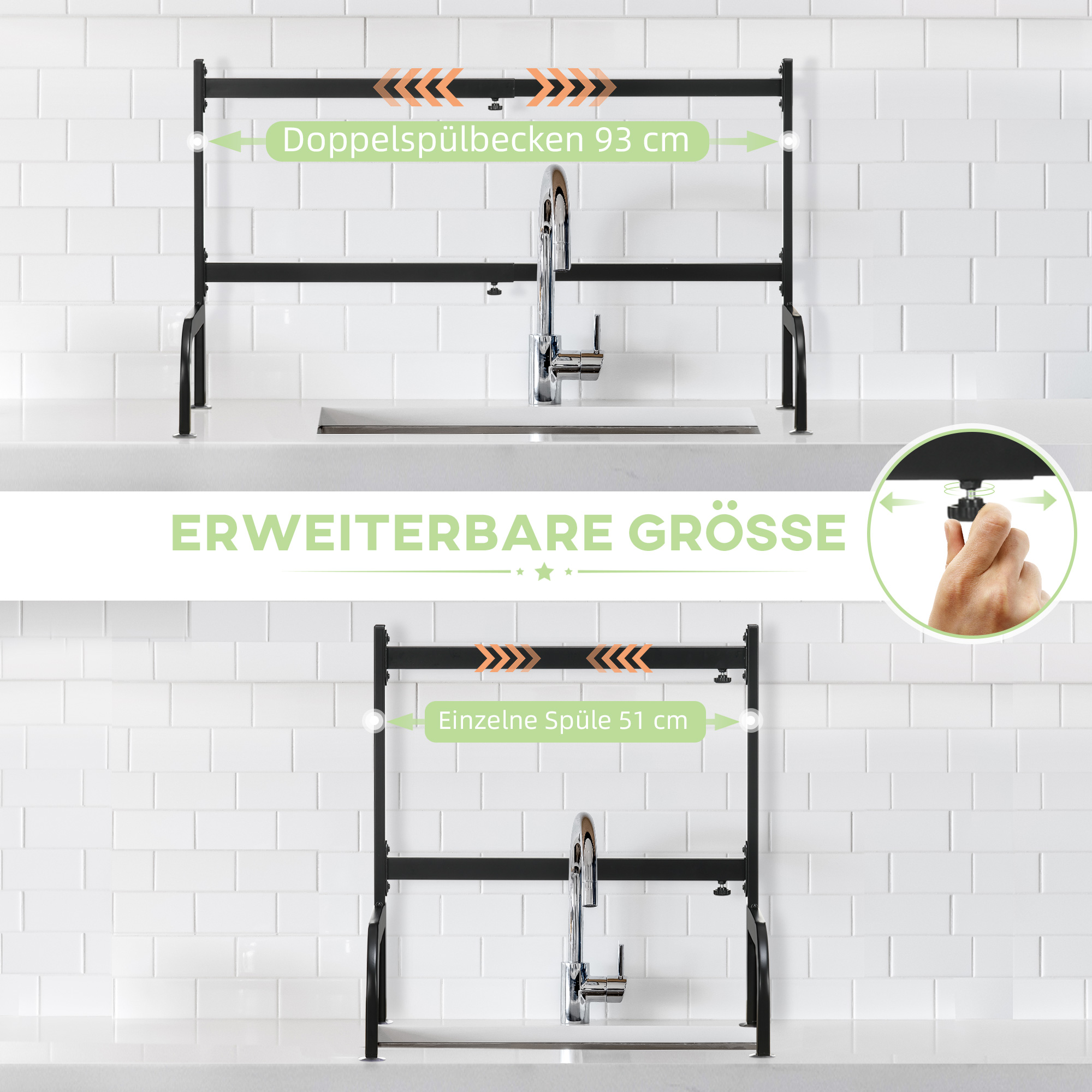 Geschirrabtropfgestell über einem Waschbecken, das Abmessungen und erweiterbare Funktionen zeigt.