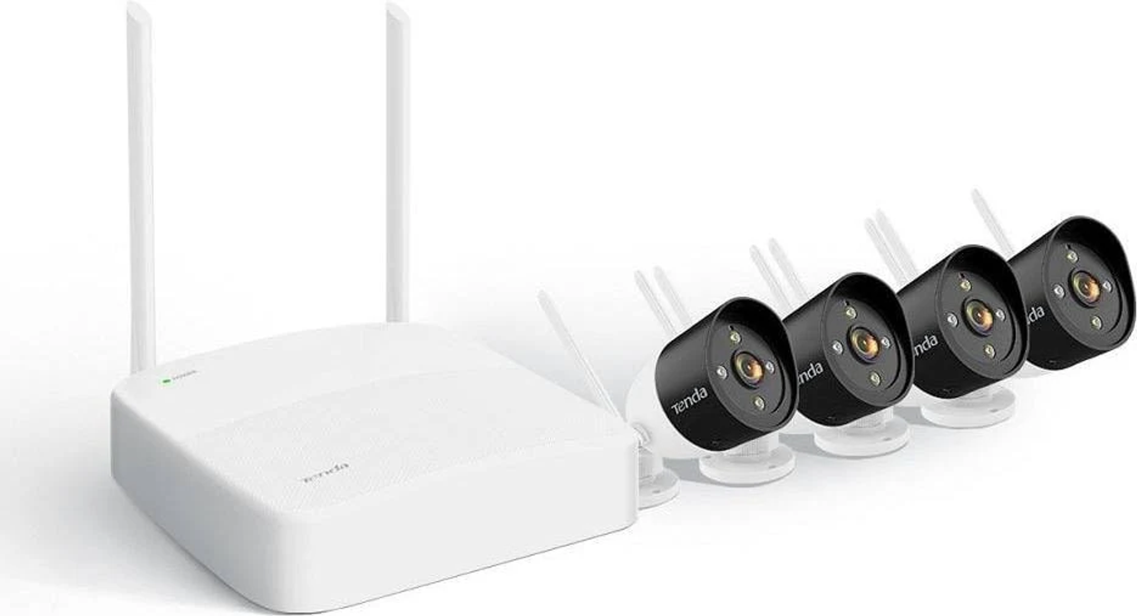 Un router Tenda bianco e quattro telecamere di sicurezza nere con antenne.