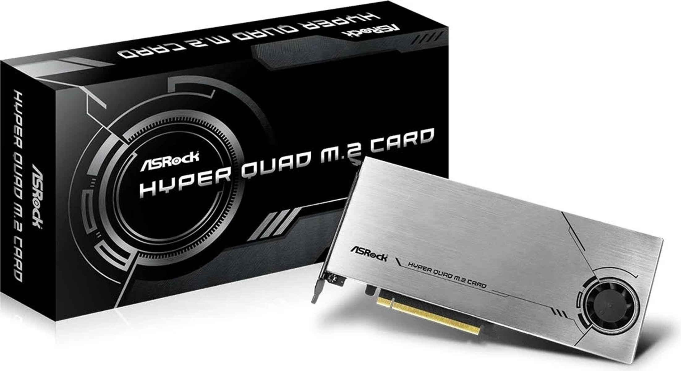 ASRock Hyper Quad M.2 Karte mit schwarzer Box, schwarz und silber.