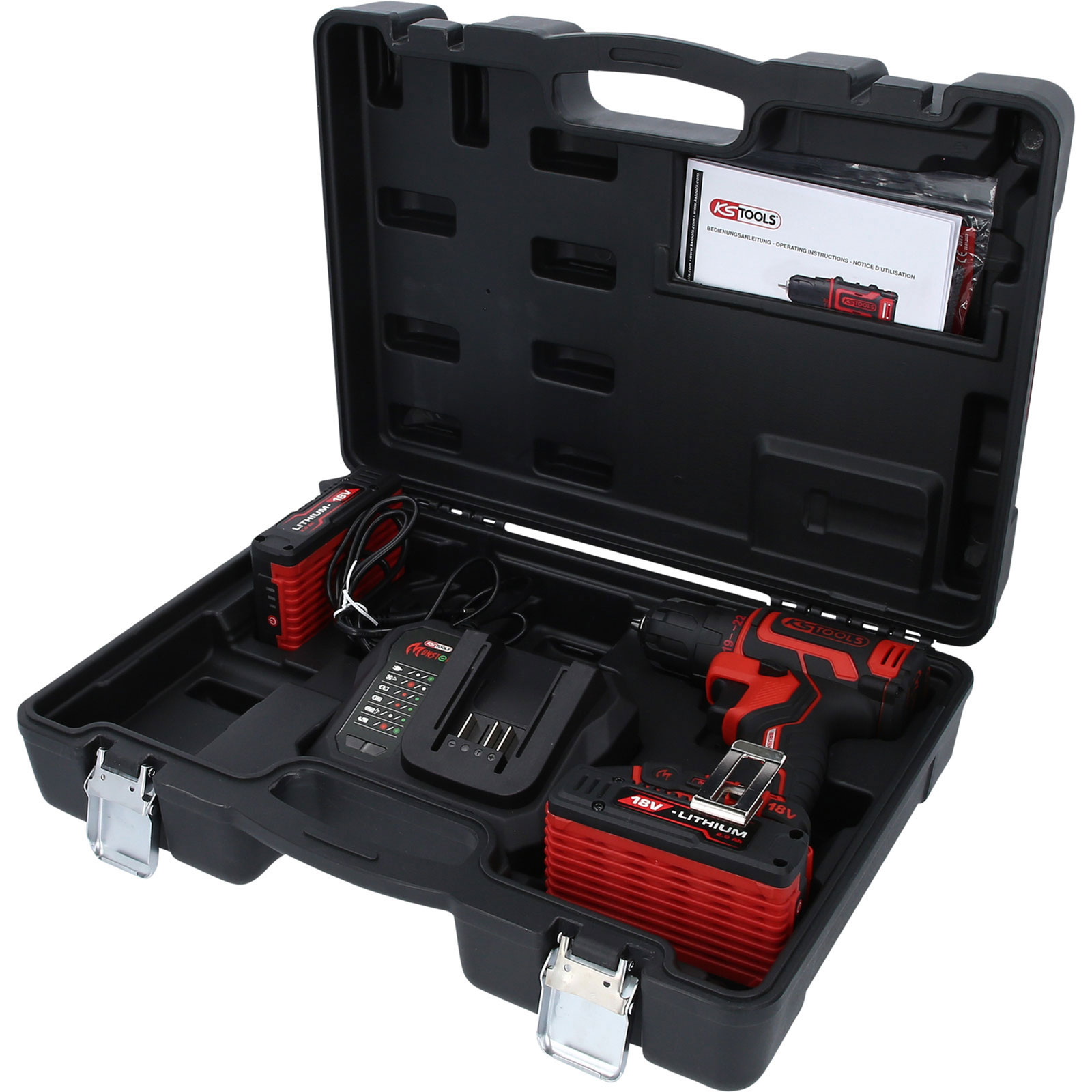 Schwarzer Werkzeugkasten mit roter und schwarzer Bohrmaschine, Akku, Ladegerät und Zubehör.