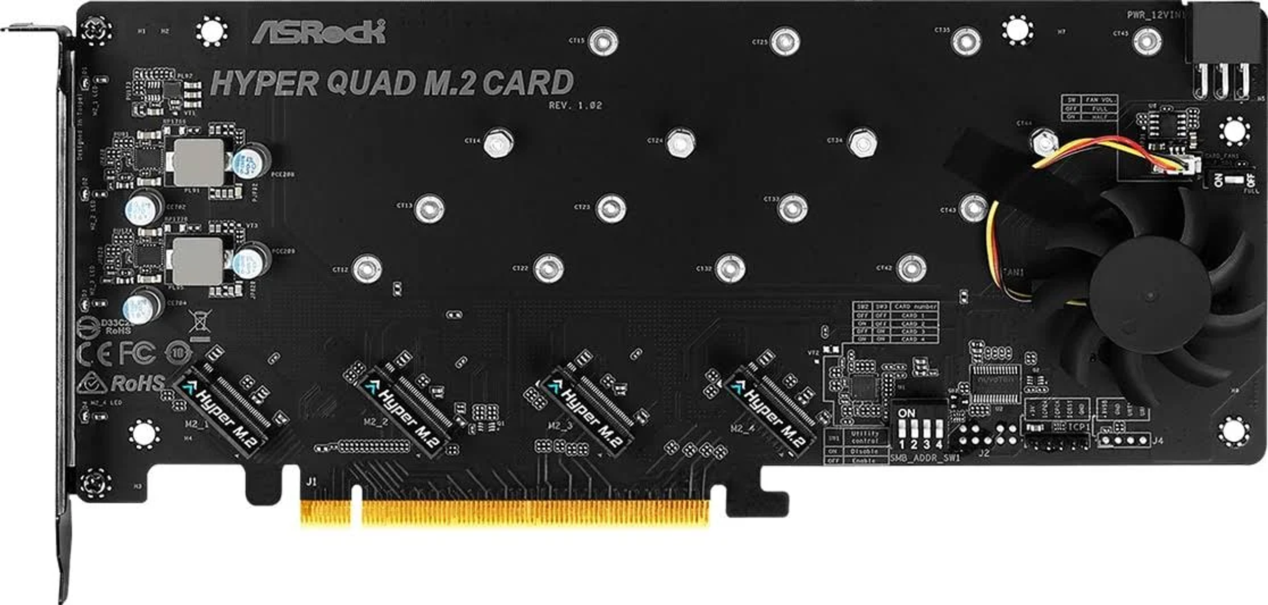 Schwarze ASRock Hyper Quad M.2 Karte mit Lüfter und mehreren M.2 Slots.