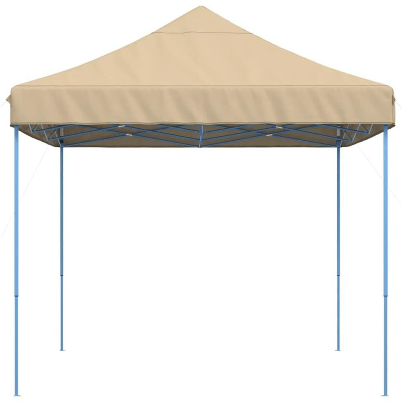 Beiges Pop-up-Vordach mit blauem Rahmen auf weißem Hintergrund.