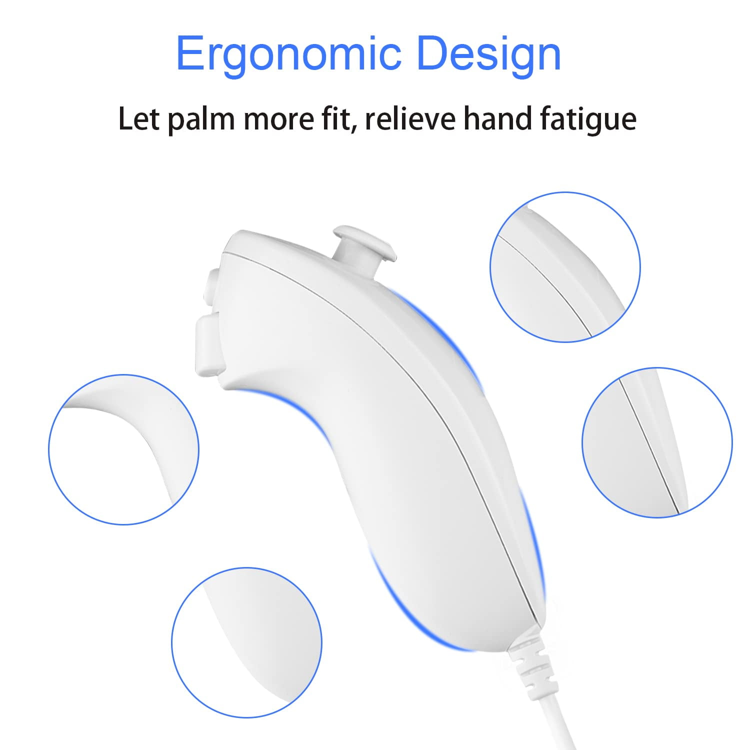 Weiße Wii-Fernbedienung mit ergonomischen Designdetails. Blaue Kreise auf weißem Hintergrund.