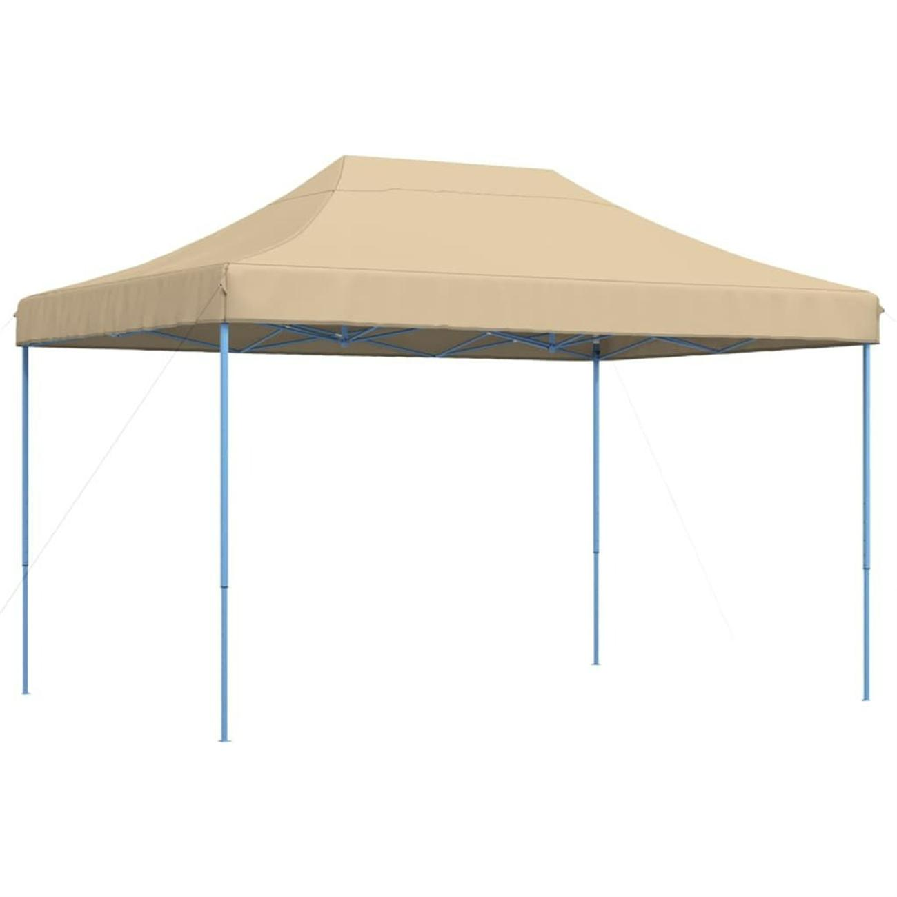 Beiges Pop-up-Vordach mit blauem Rahmen und Schnüren, weißer Hintergrund.