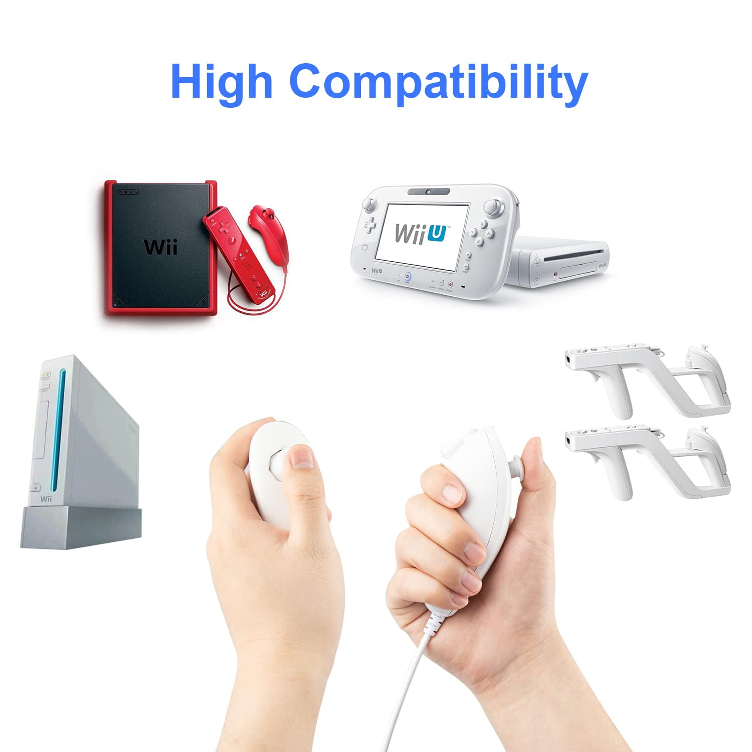 Mehrere Wii-Konsolen und Controller, mit Text: Hohe Kompatibilität.