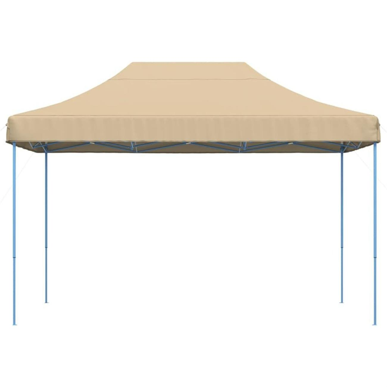 Beiges Pop-up-Zelt aufgebaut, mit blauen Stangen und weißem Hintergrund.