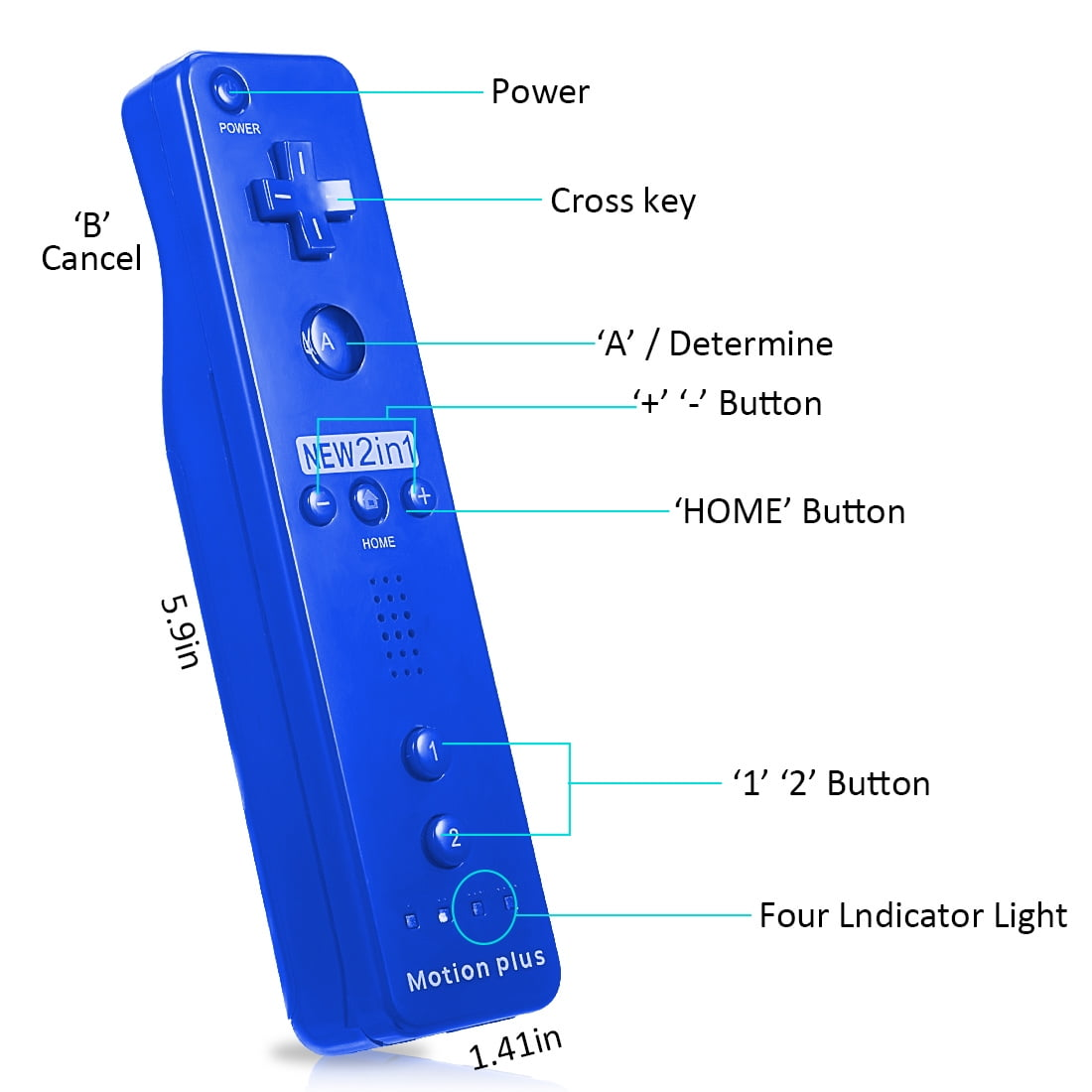 Blaue Wii-Fernbedienung mit Etiketten und Knöpfen. Zeigt Power, Kreuztaste, A, Home-Tasten, 1, 2 Knöpfe.