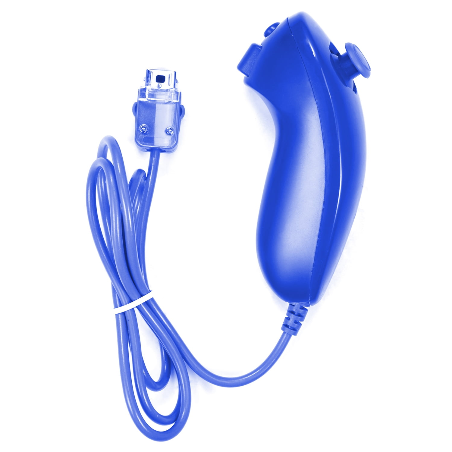 Eine blaue Wii-Fernbedienung mit Anschluss und blauem Handgelenkband vor weißem Hintergrund.