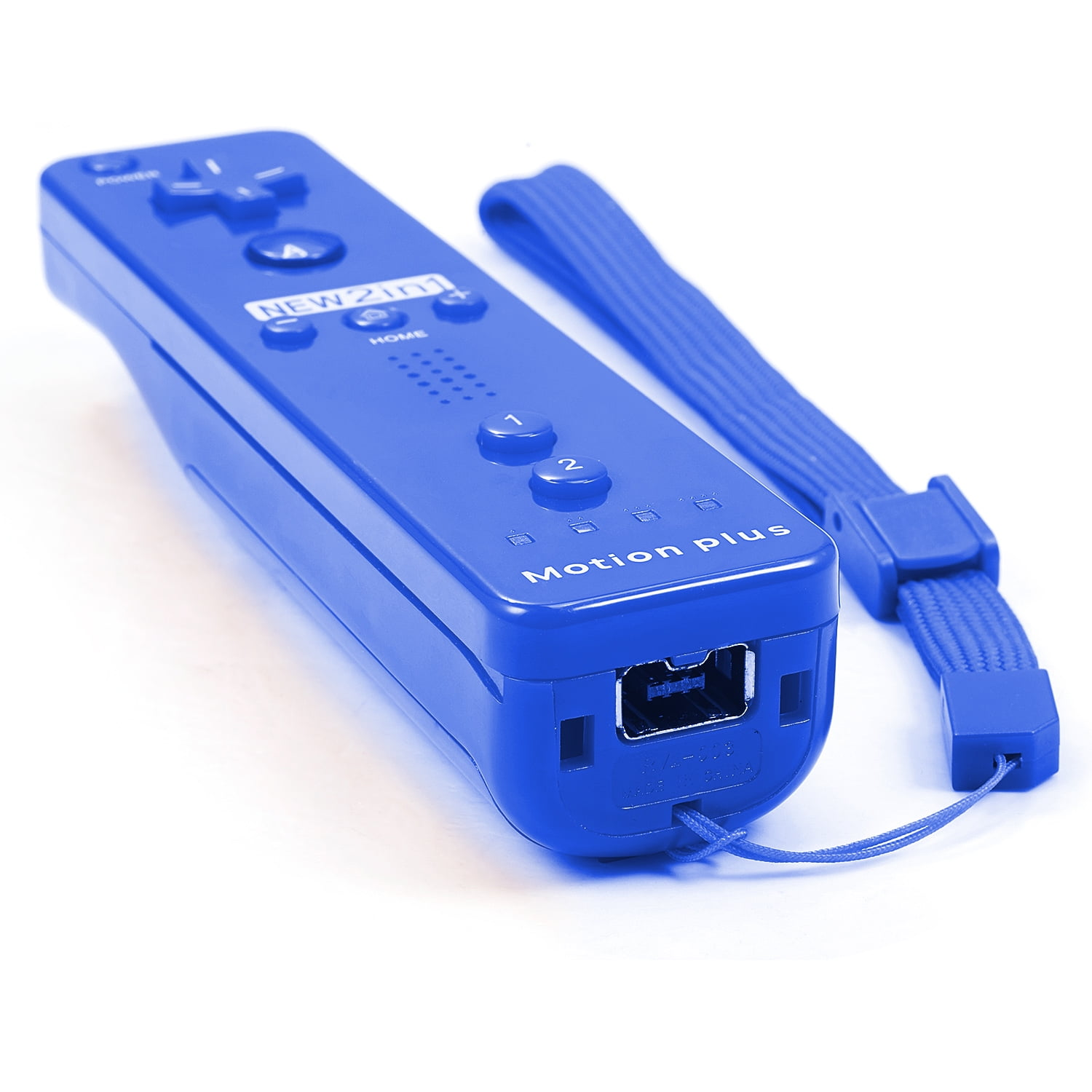 Ein blauer Wii-Controller mit Motion-Plus-Aufsatz und blauem Band, gezeigt auf weißem Hintergrund.
