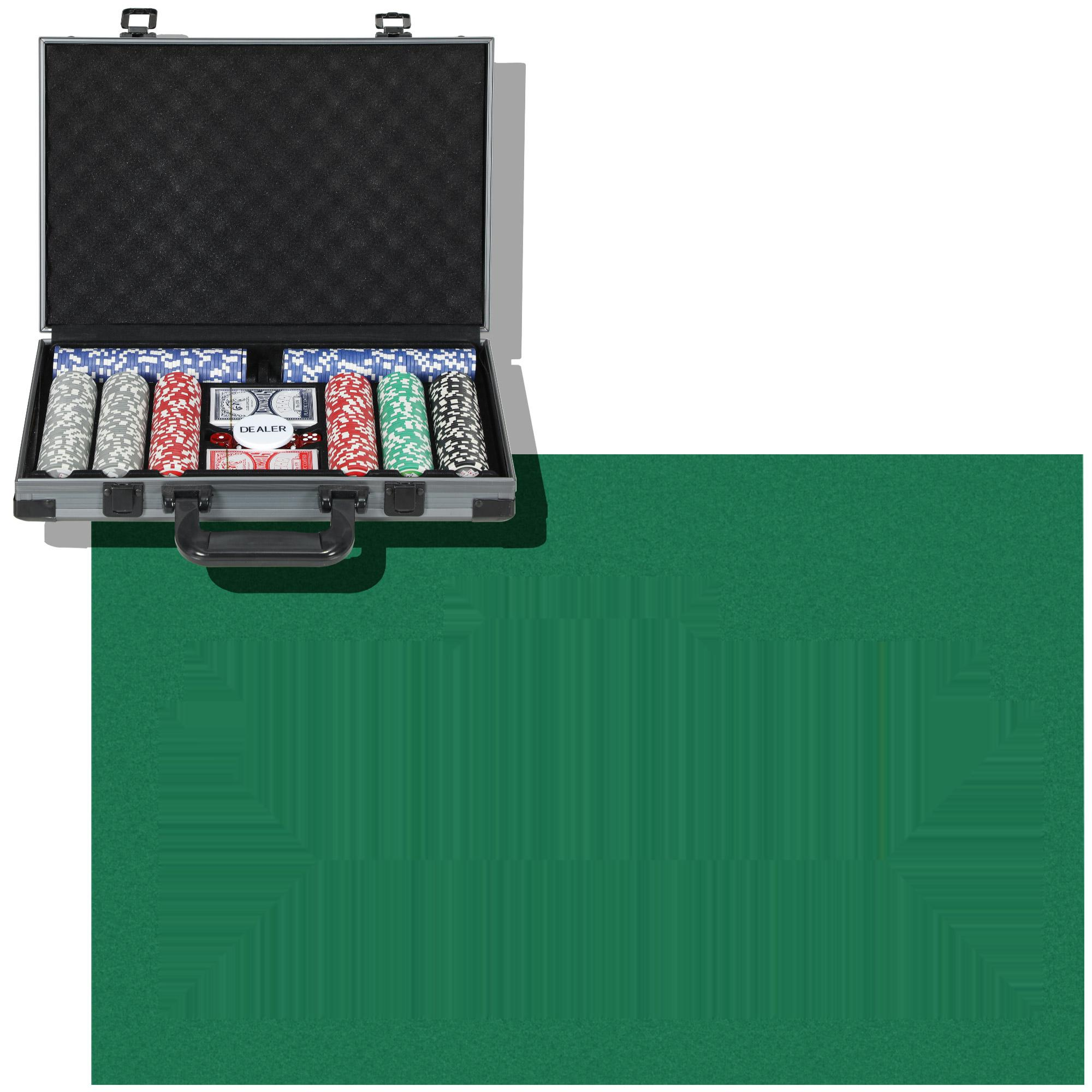 Ein Pokerset in einem silbernen Koffer, offen. Chips, Karten und eine grüne Filzmatte sind enthalten.