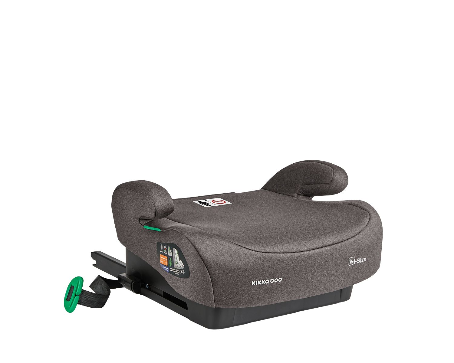 Asiento infantil, color gris. Marca Kikka Boo. Tiene reposabrazos y una palanca de ajuste verde.