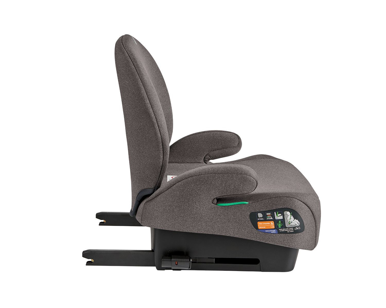 Una silla de coche gris para niños, vista lateral, con reposabrazos y ajustes.