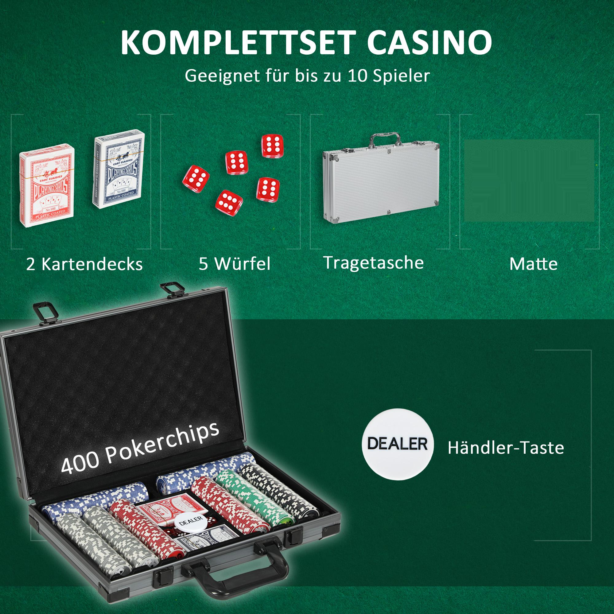 Ein Casino-Pokerset mit Pokerchips, Karten, Würfeln und einer Tragetasche.
