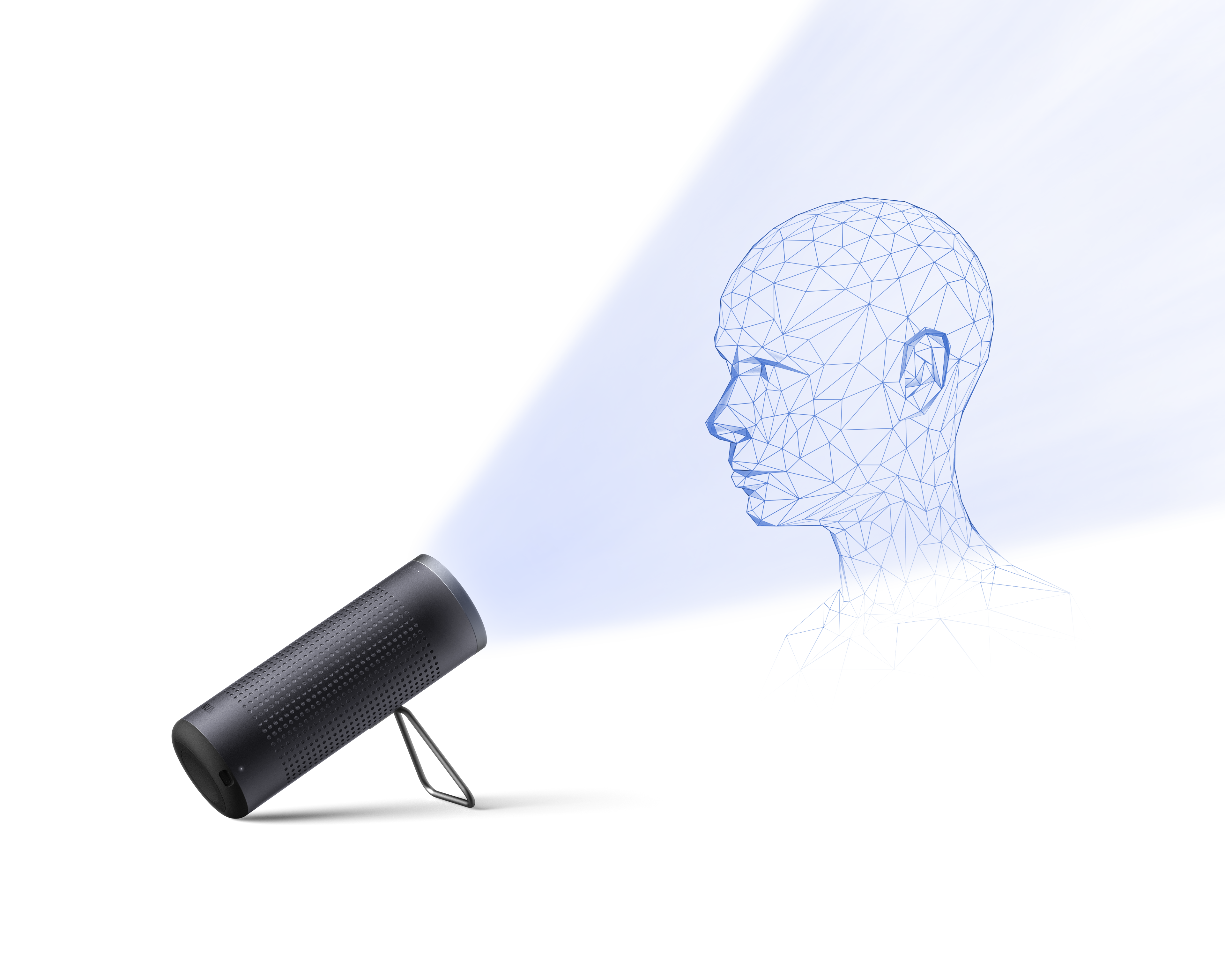 Schwarzer Projektor mit blauem Licht, das auf einen Drahtgitter-Menschenkopf scheint.