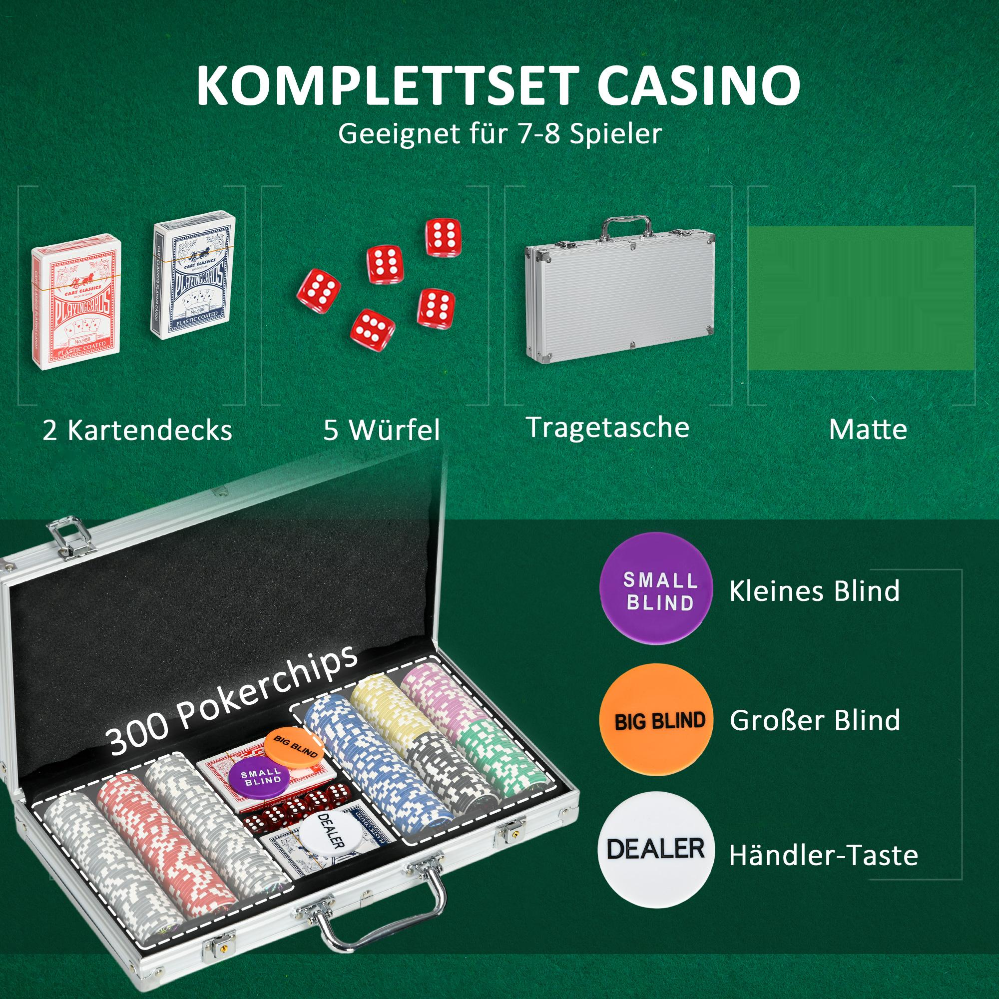 Casino-Set mit Chips, Karten, Würfeln und Koffer. Grüne Matte, Pokerchips und Dealer-Button sichtbar.