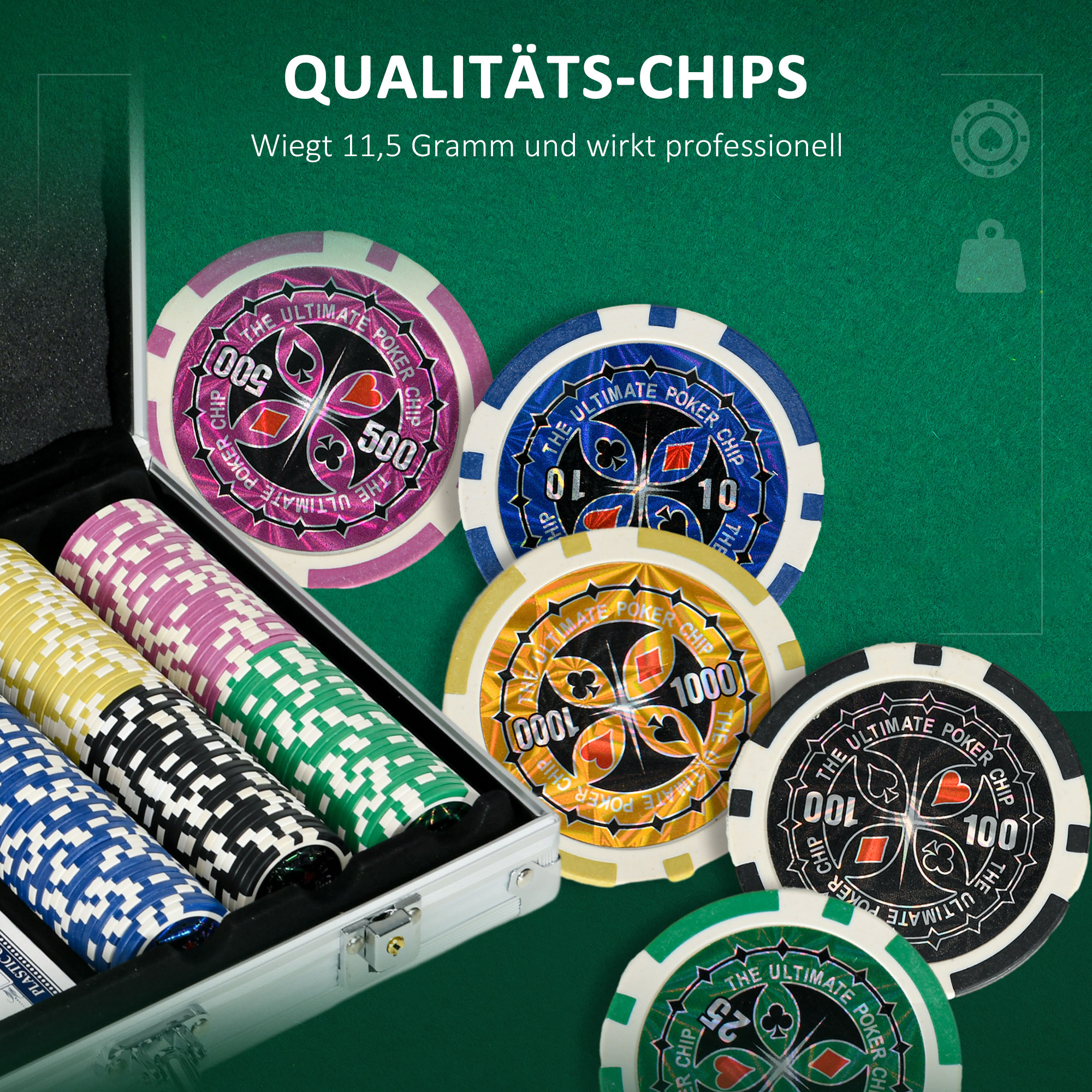 Casino-Pokerchips in einem Koffer, mit verschiedenen Farben.