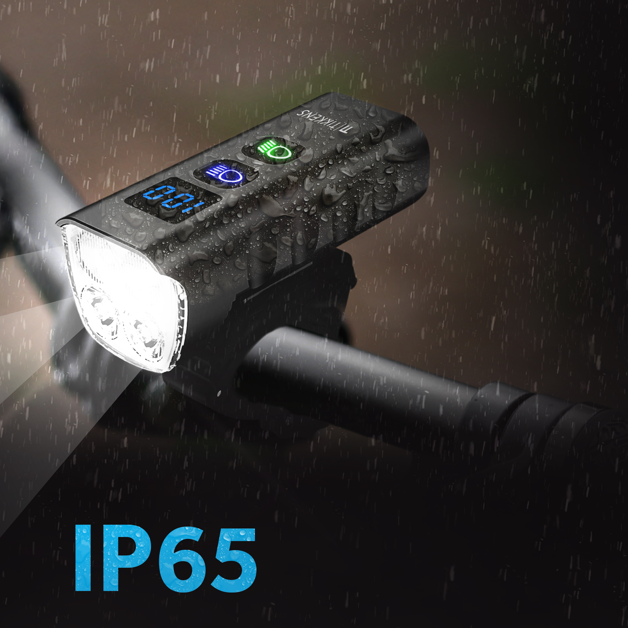 A black bike light with a digital display showing 100, and rain effect over the light's surface.