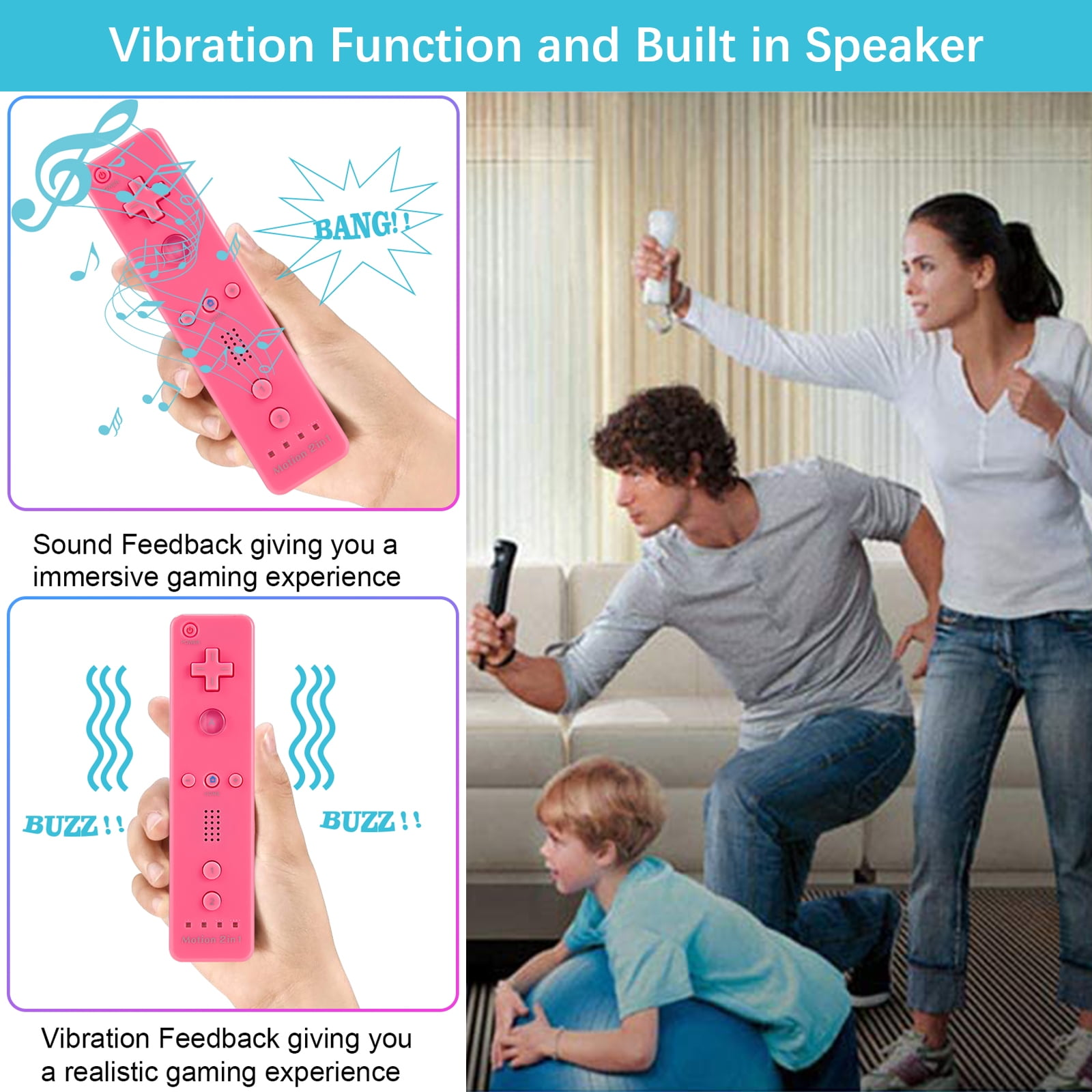 Eine rosa Wii-Fernbedienung mit Vibrations- und Sound-Feedback, verwendet von einem Paar und einem Kind.
