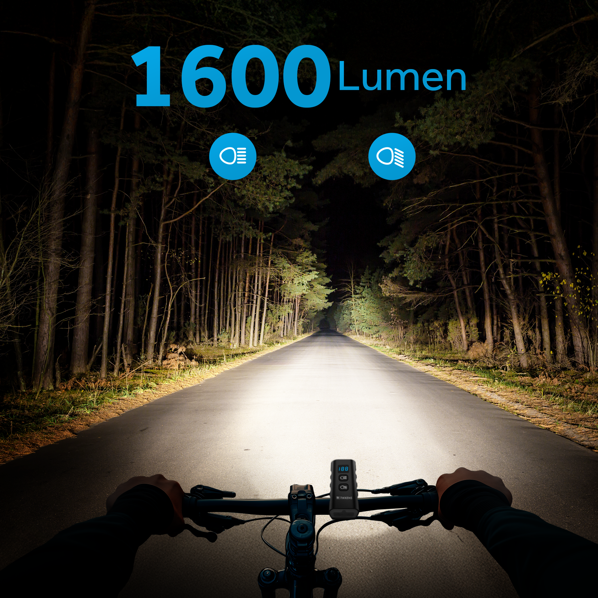 A cyclist riding a bike at night with a bright light on a road. Forest background.