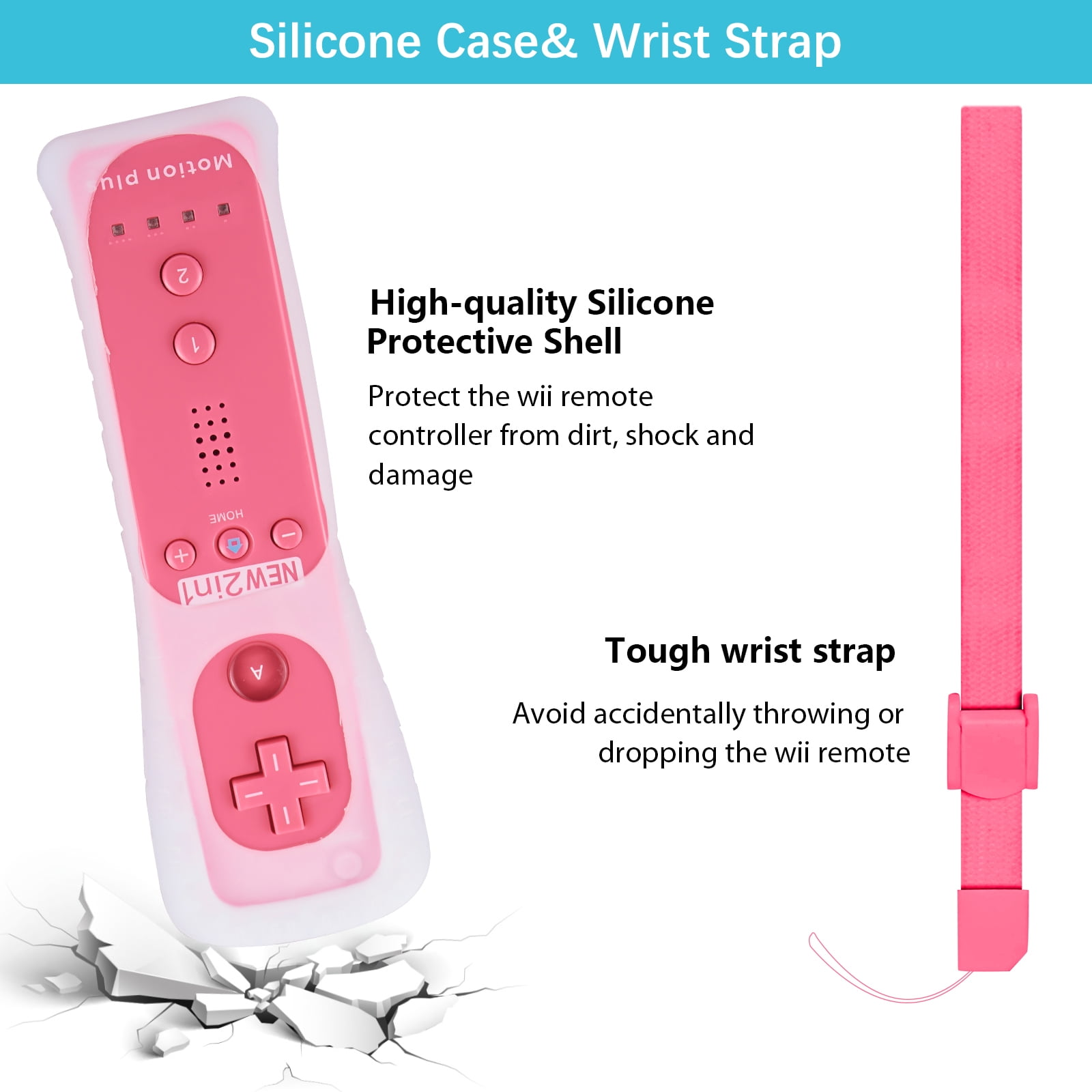 Rosa Wii-Fernbedienung mit Silikonhülle und Handschlaufe, neben Grafik einer gesprungenen Oberfläche.