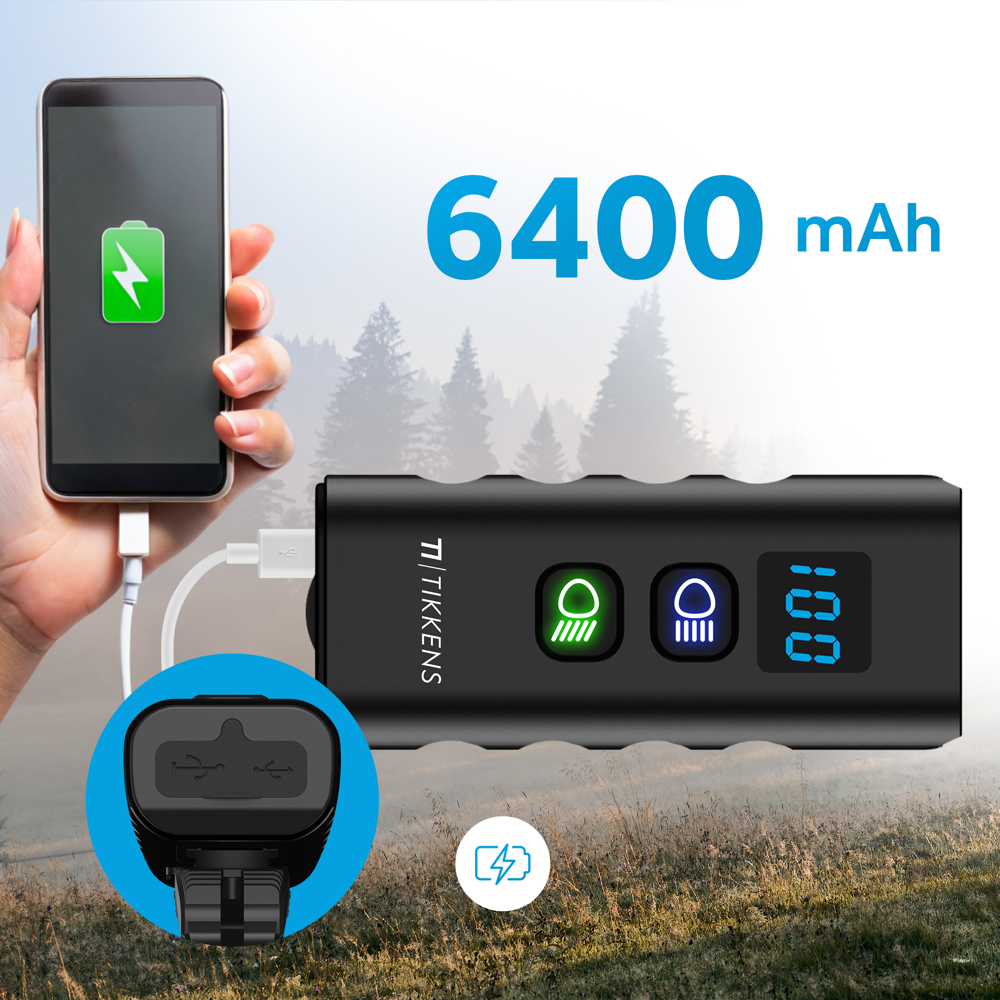 A black flashlight charging a phone with a green battery icon, with 6400 mAh on a blurred background.