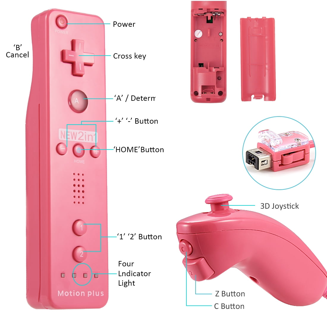 Eine rosa Wii-Fernbedienung mit beschrifteten Tasten und Komponenten aus verschiedenen Winkeln.
