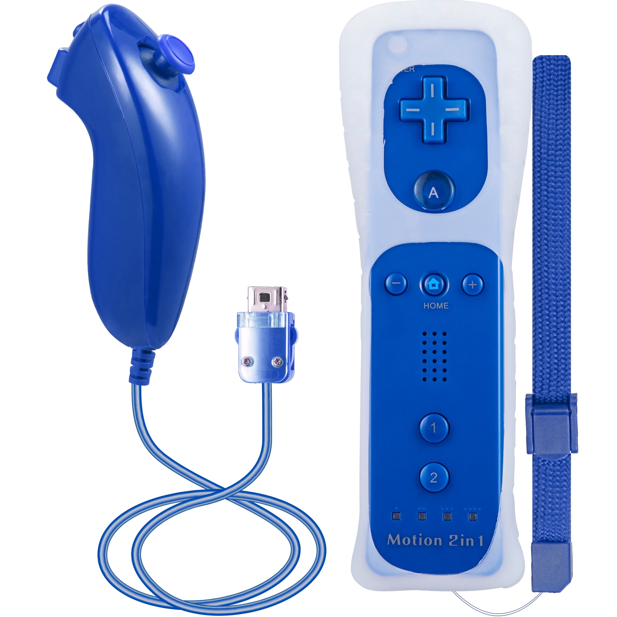 Blaue Wii-Fernbedienung und Motion-Plus-Aufsatz. Weißes Gehäuse. Per Kabel verbunden.