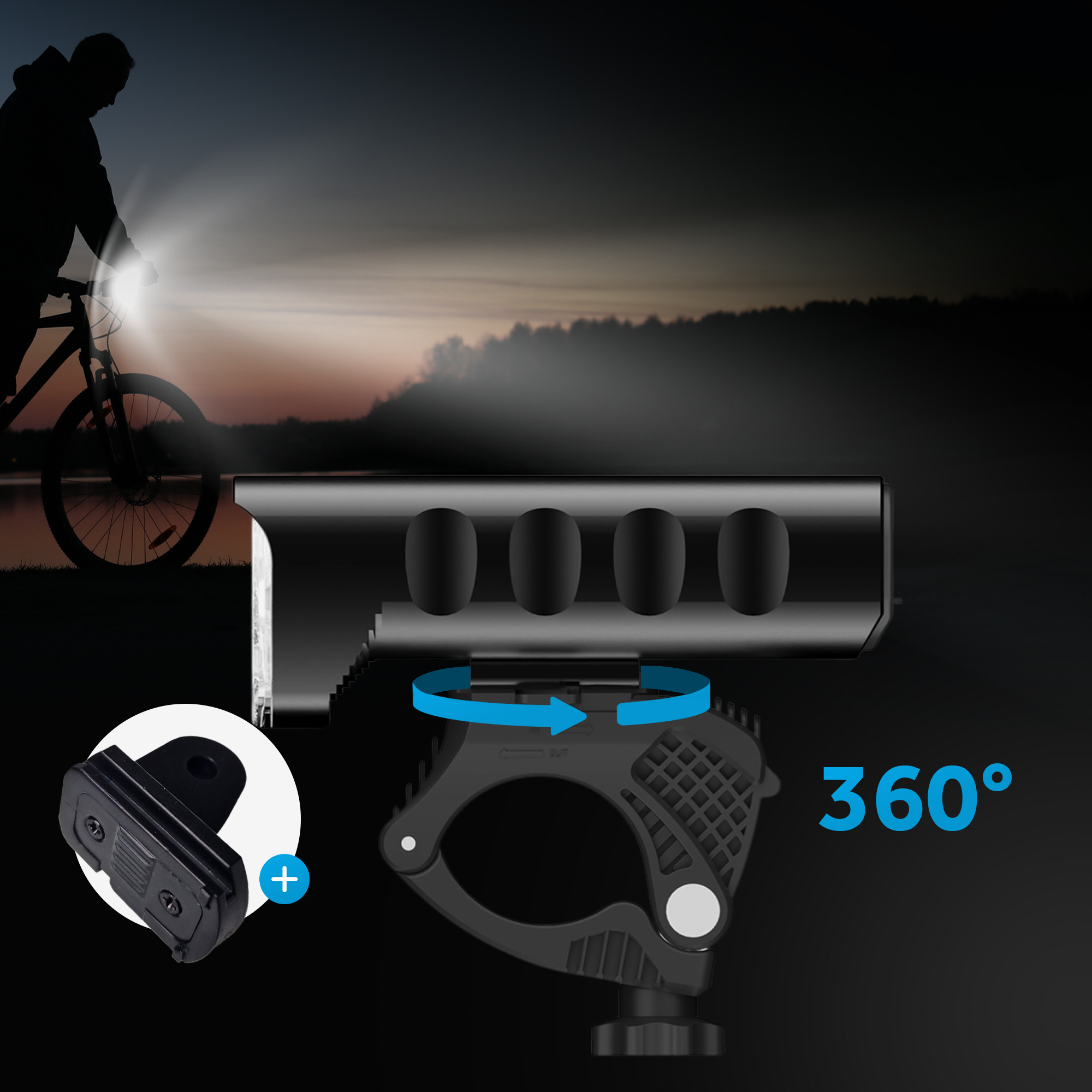 A black bicycle light with a 360-degree mount and a cyclist in the background.