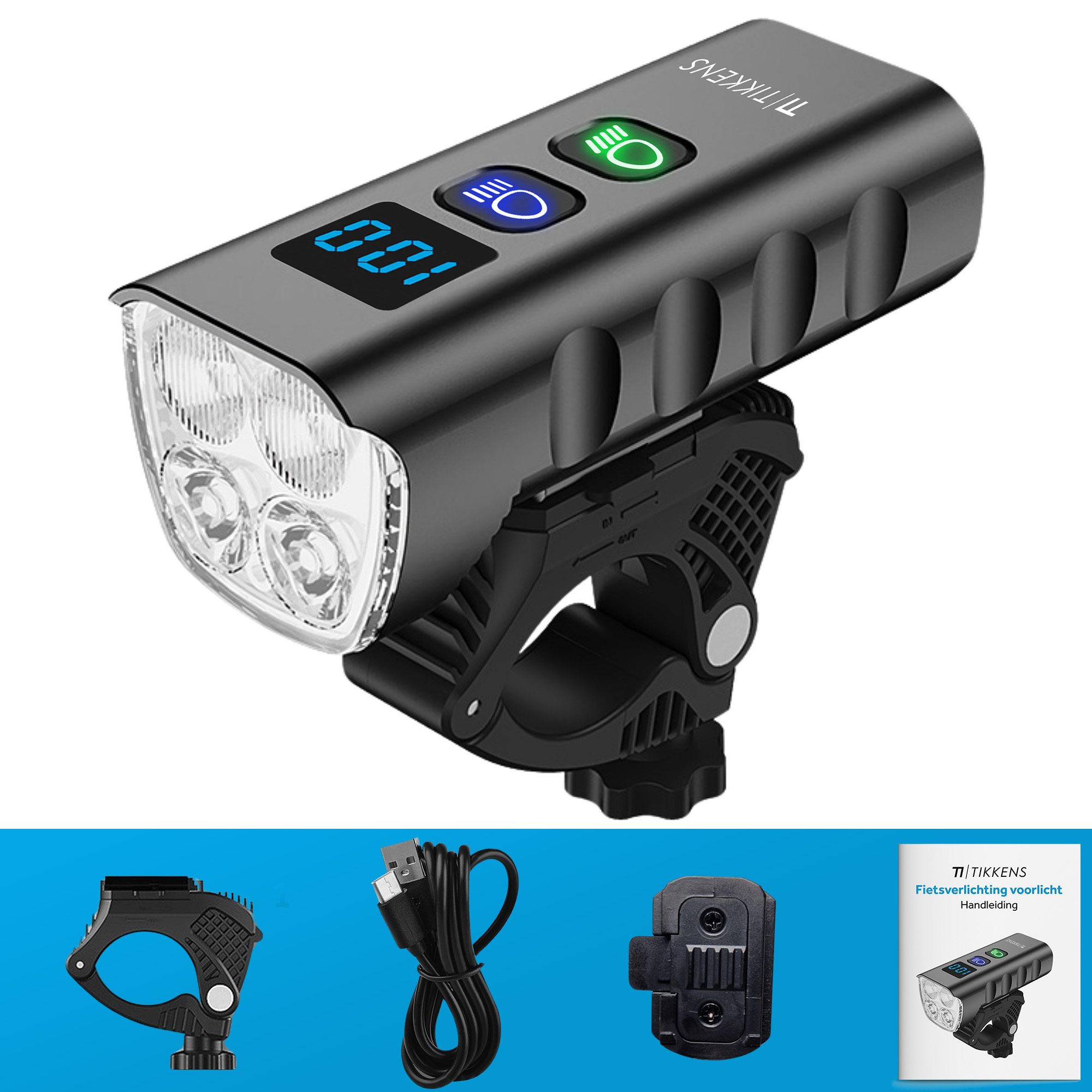 Black bike light with four lights and a digital display. Accessories are below.