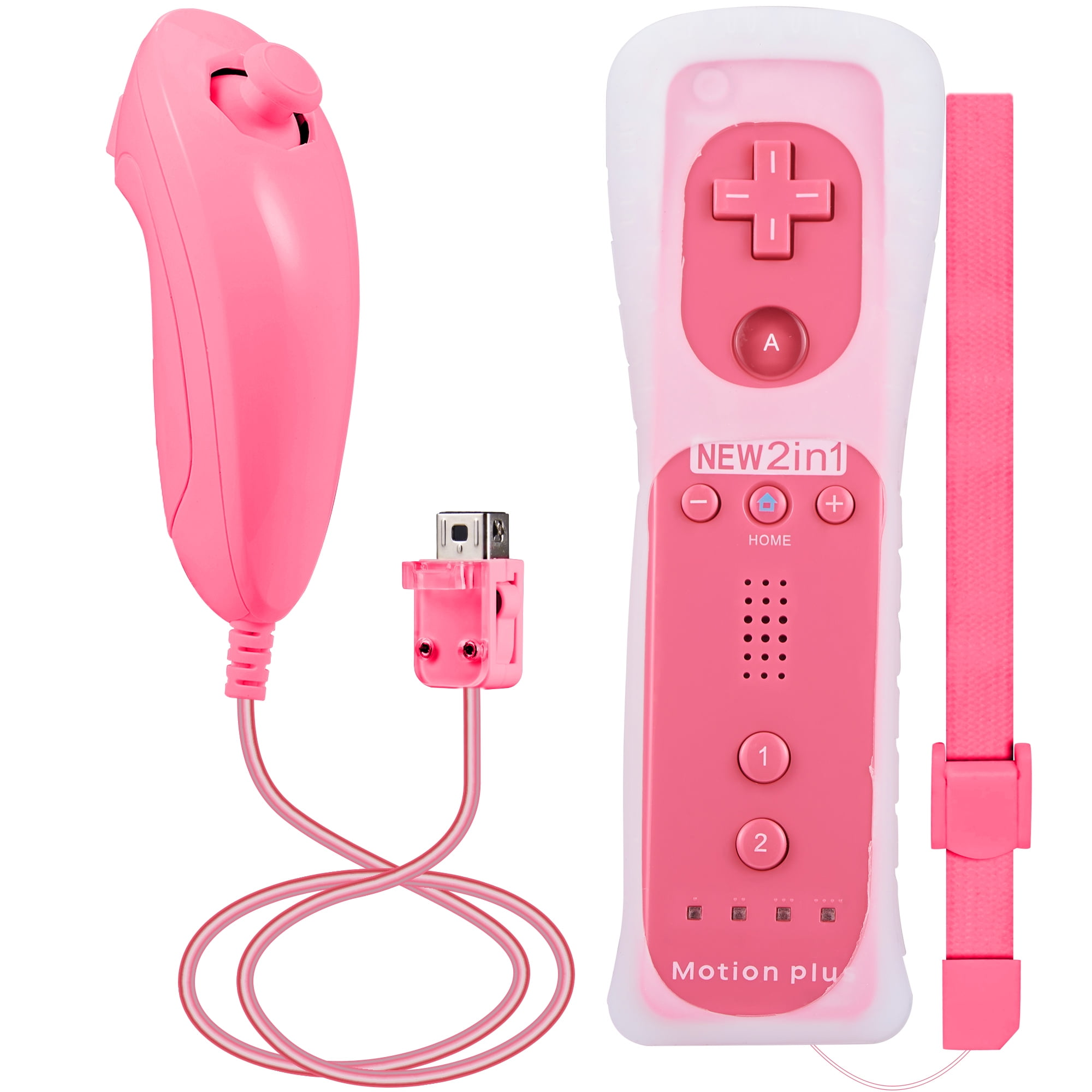 Rosa Wii-Fernbedienung und Motion-Plus-Aufsatz. Weißes Gehäuse. Per Kabel verbunden.