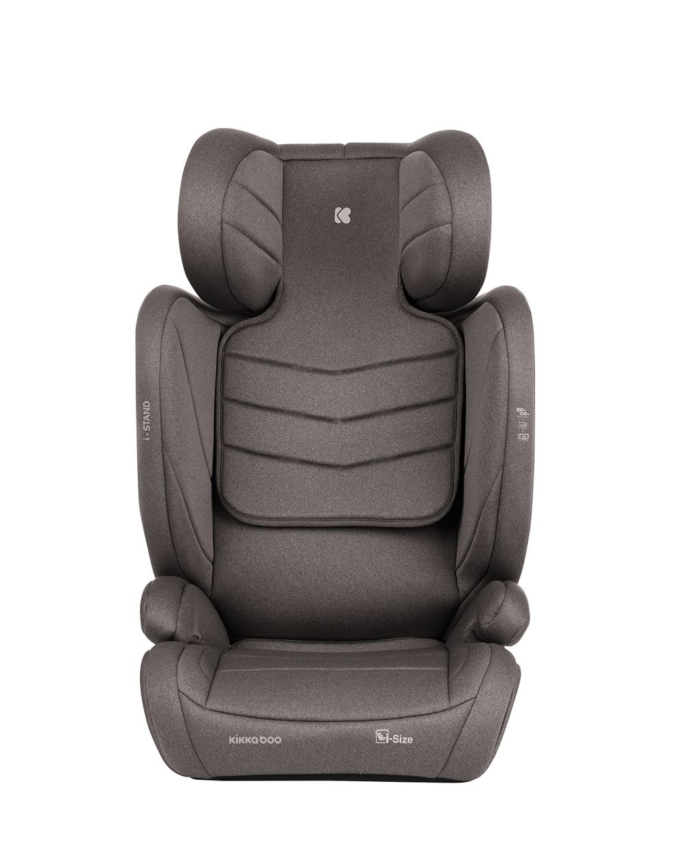 Grauer Kindersitz mit Kopfstütze und Sitz. Weißer Hintergrund. Text: I-STAND, kikkaboo, i-Size.