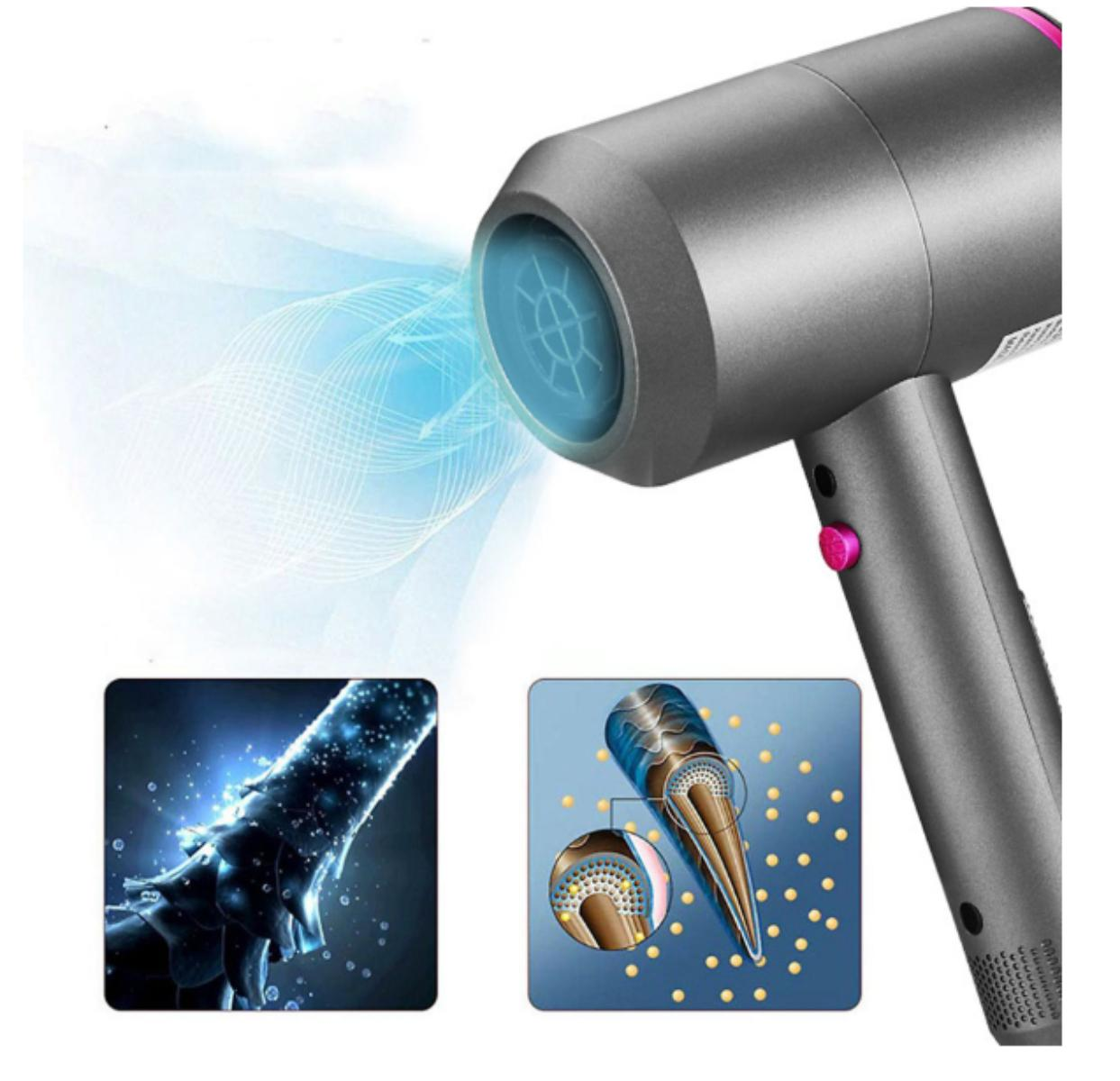 Grauer Haartrockner mit blauer Luftstrom-Illustration. Diagramm von Haarsträhnen. Weißer Hintergrund mit Text.