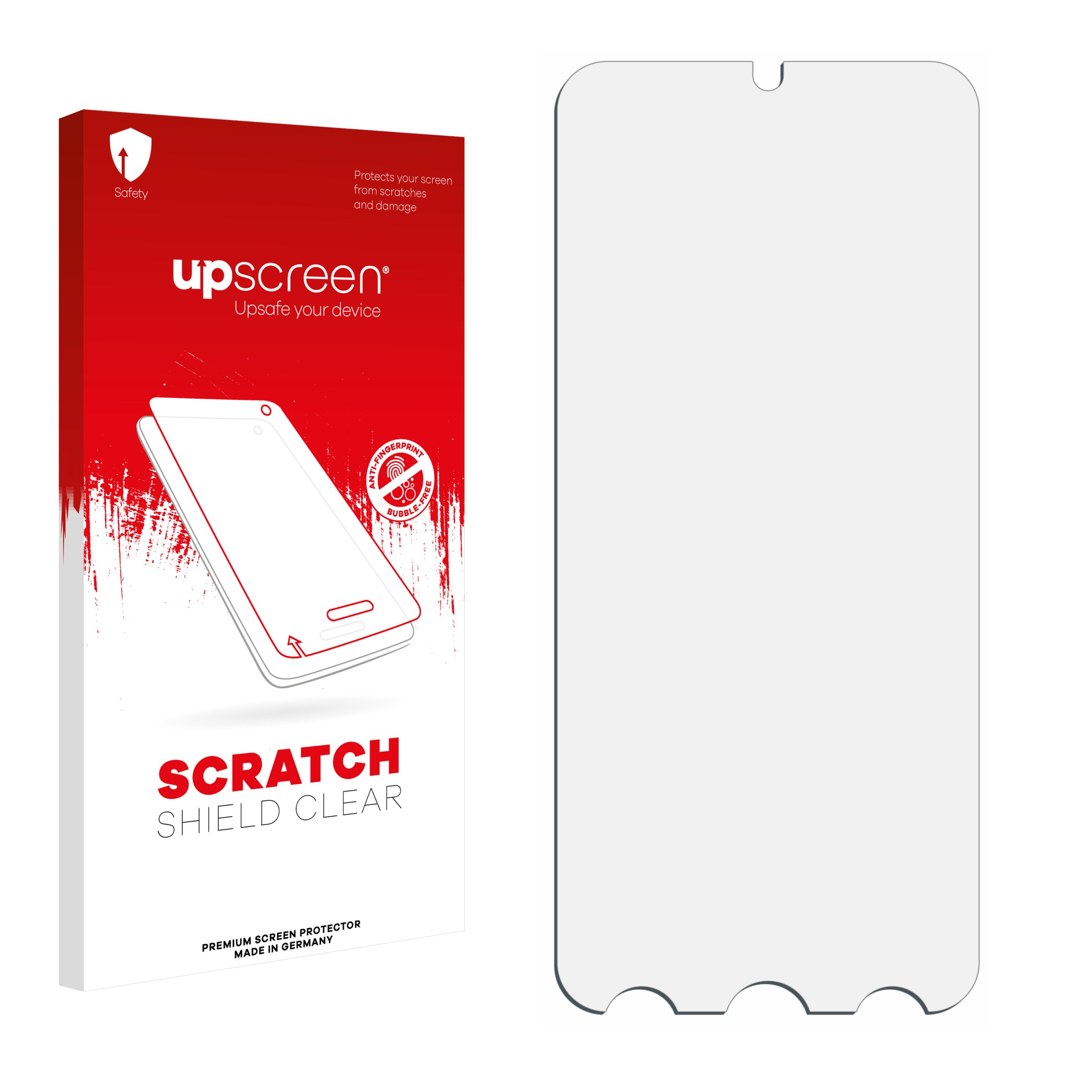 upscreen Box und Displayschutzfolie. Rote und weiße Box. Klare Displayschutzfolie. Weißer Hintergrund.