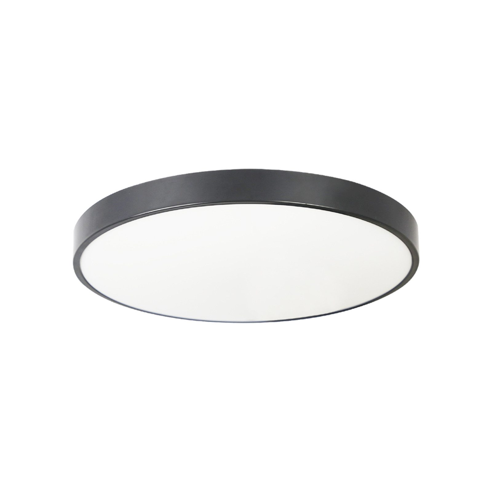 Lampada da soffitto circolare in bianco e nero. La lampada è rotonda e ha un centro bianco e un bordo nero.