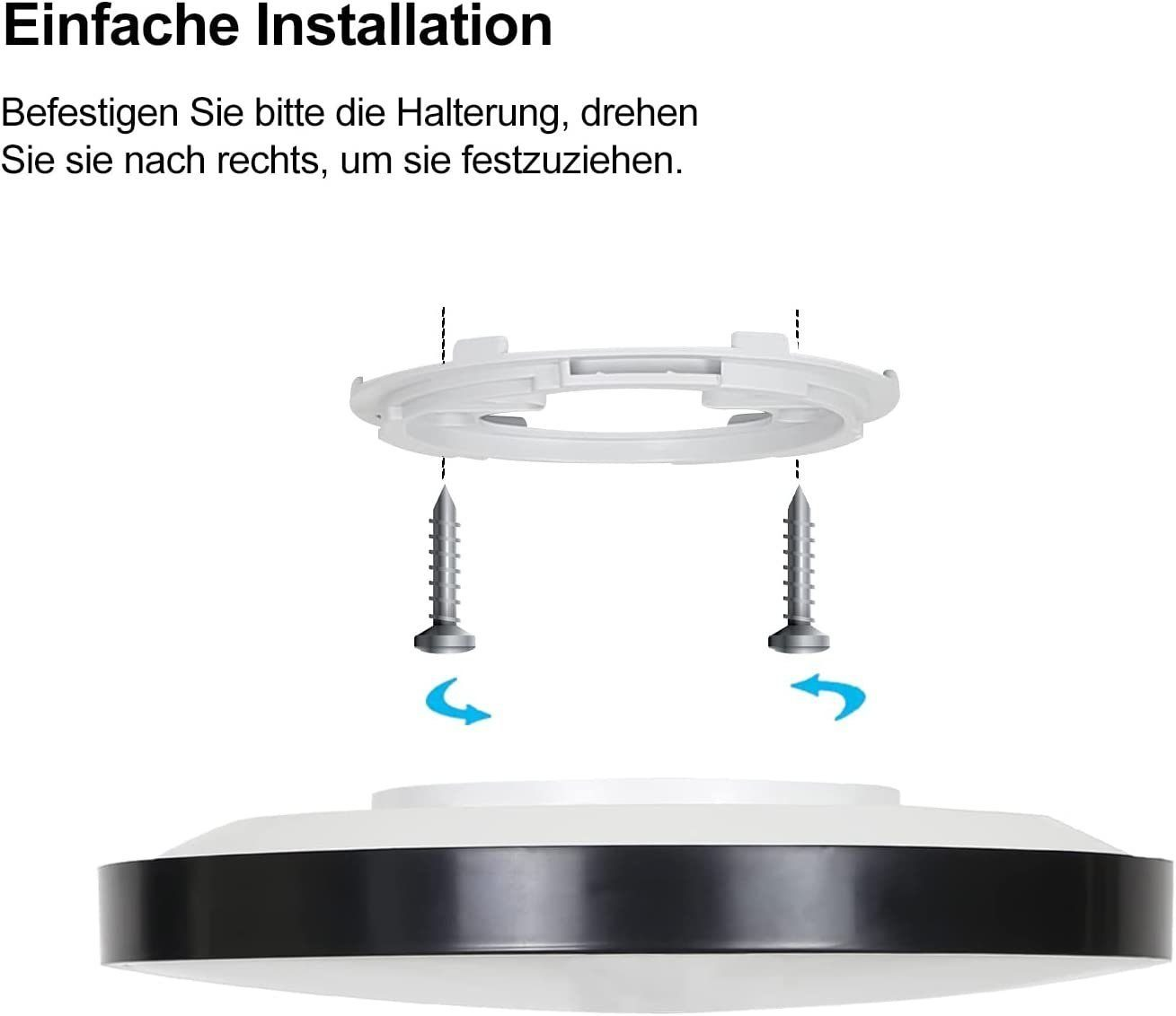 Guida all'installazione della plafoniera, che mostra le viti e il fissaggio al soffitto.