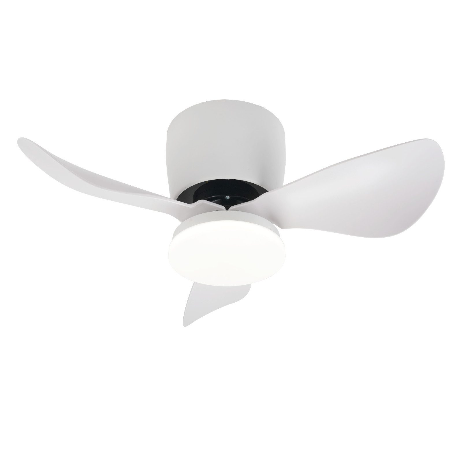 Ventilatore da soffitto bianco con tre pale curve e luce integrata.