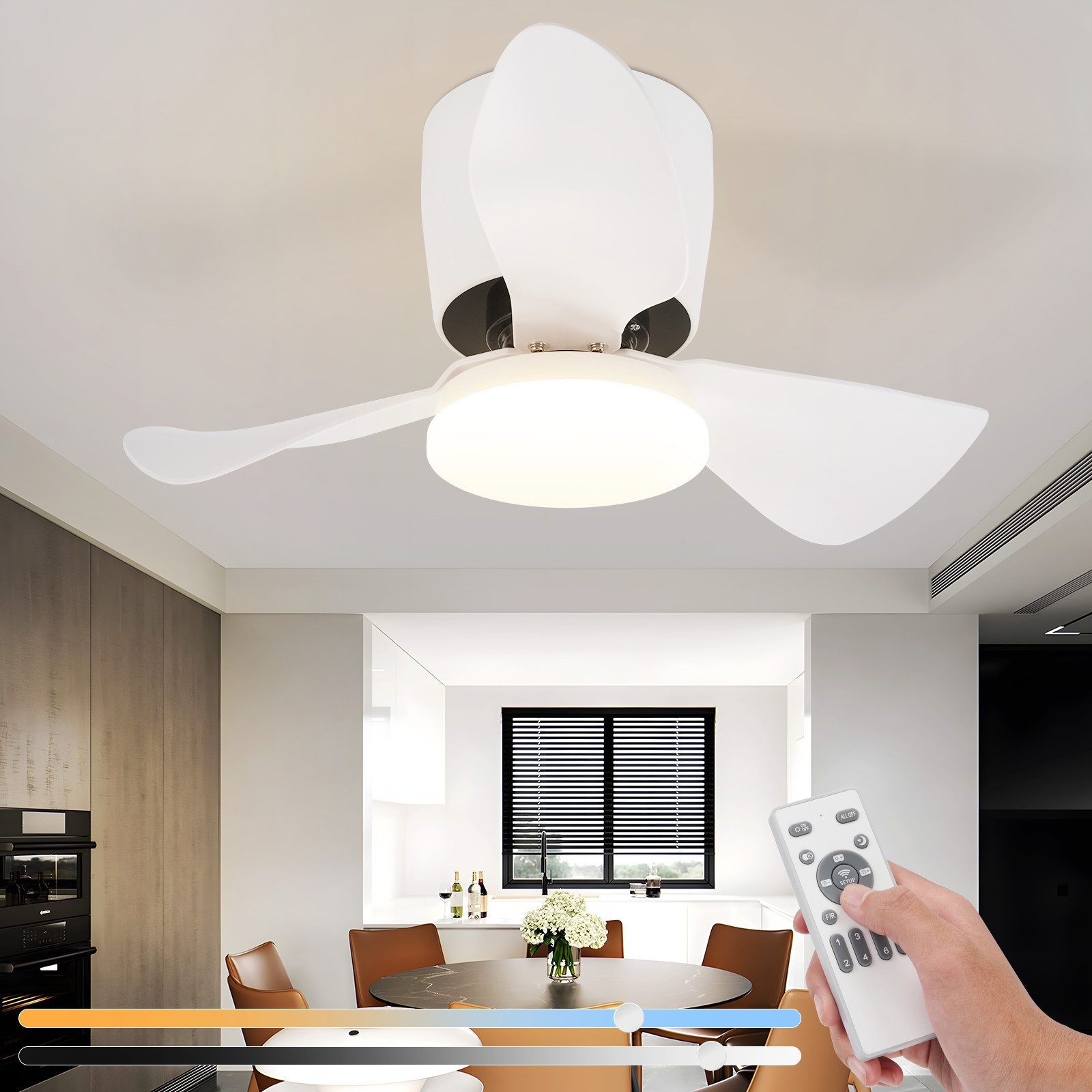 Ventilatore da soffitto con telecomando, che mostra le regolazioni del colore della luce.