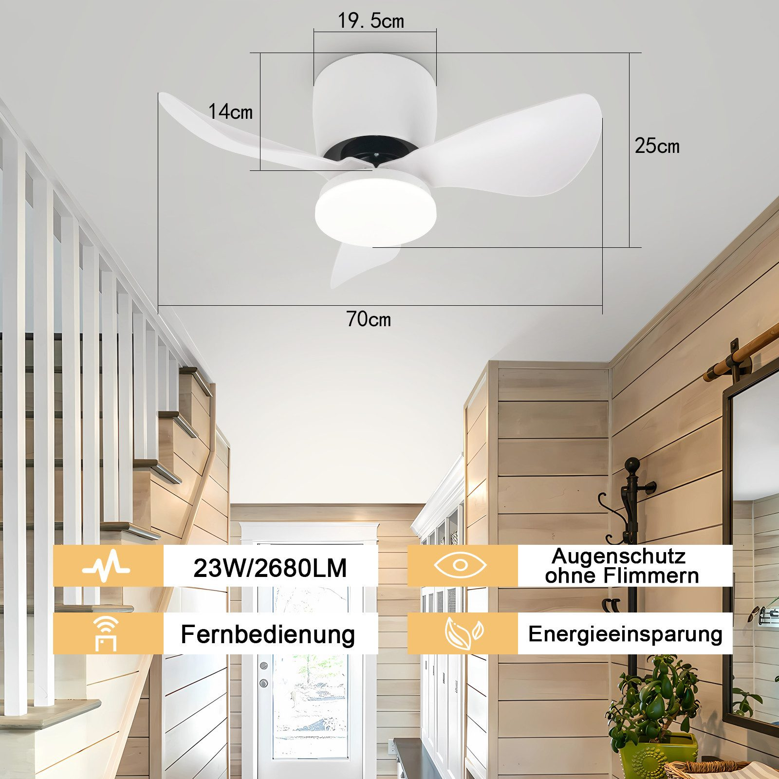 Ventilatore da soffitto con misure. Il ventilatore ha tre pale bianche e una luce. C'è una scala sullo sfondo.
