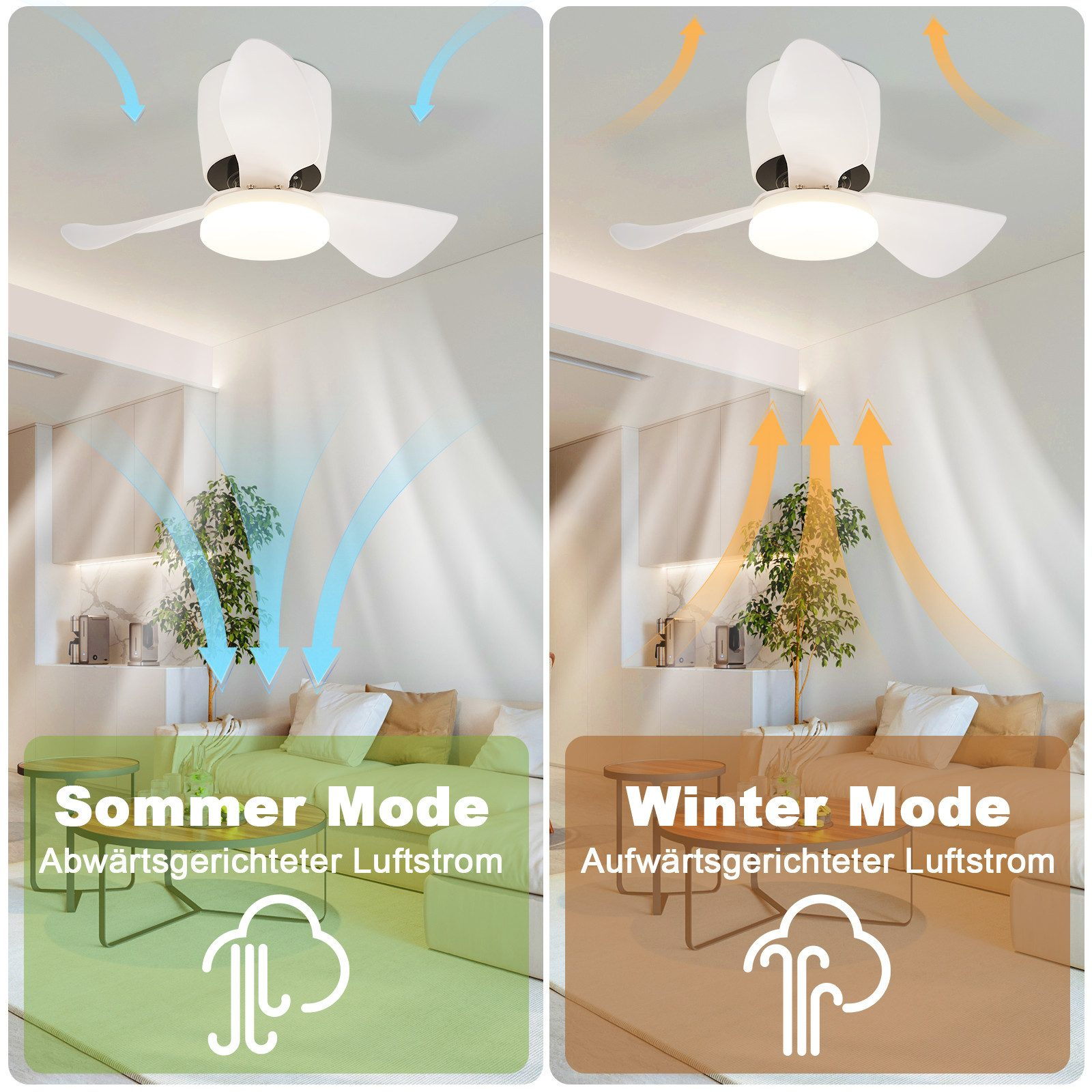 Ventilatore da soffitto che mostra la modalità estate e inverno, con frecce direzionali.