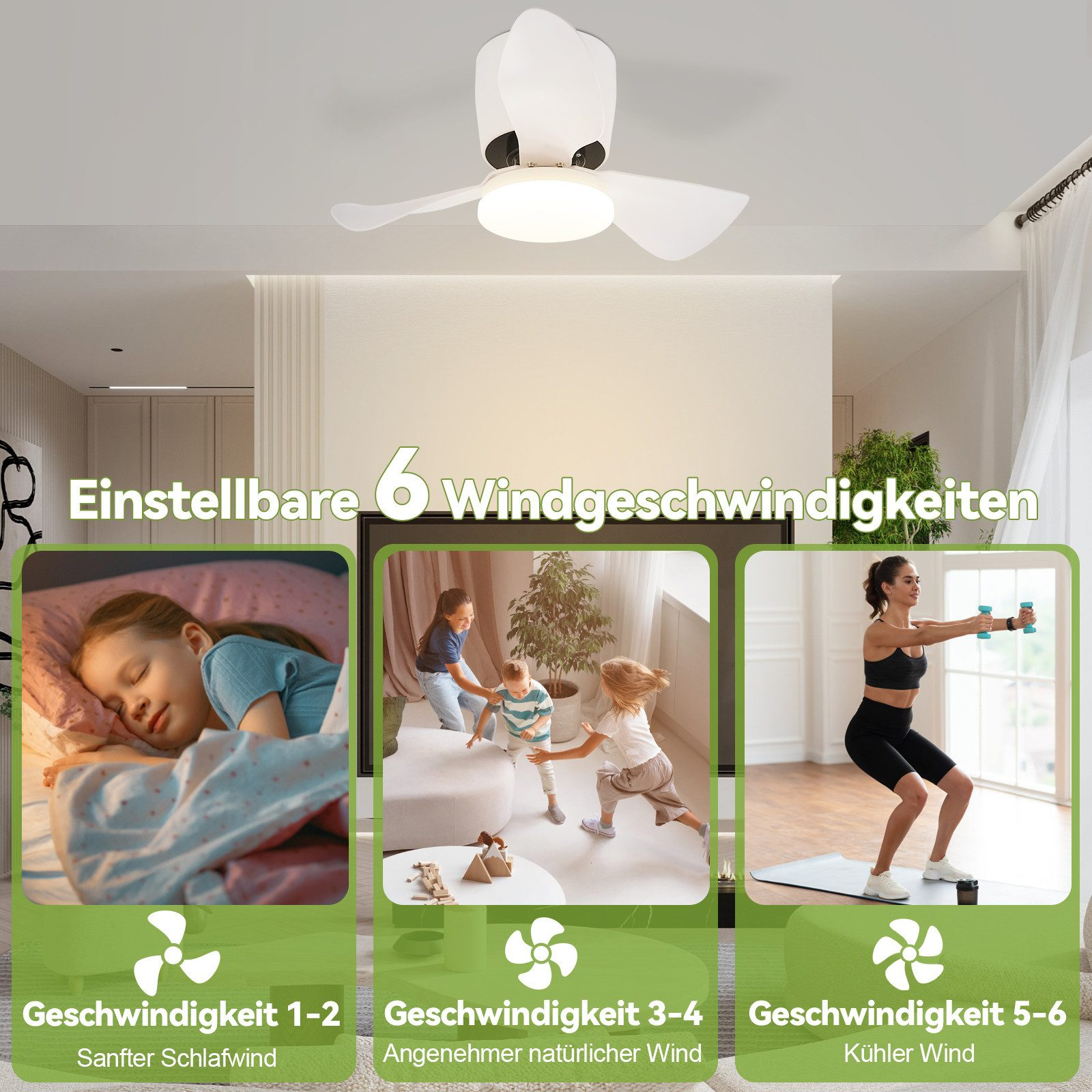Ventilatore da soffitto con tre pale e luce integrata, e tre scene che mostrano diversi livelli di velocità del vento.