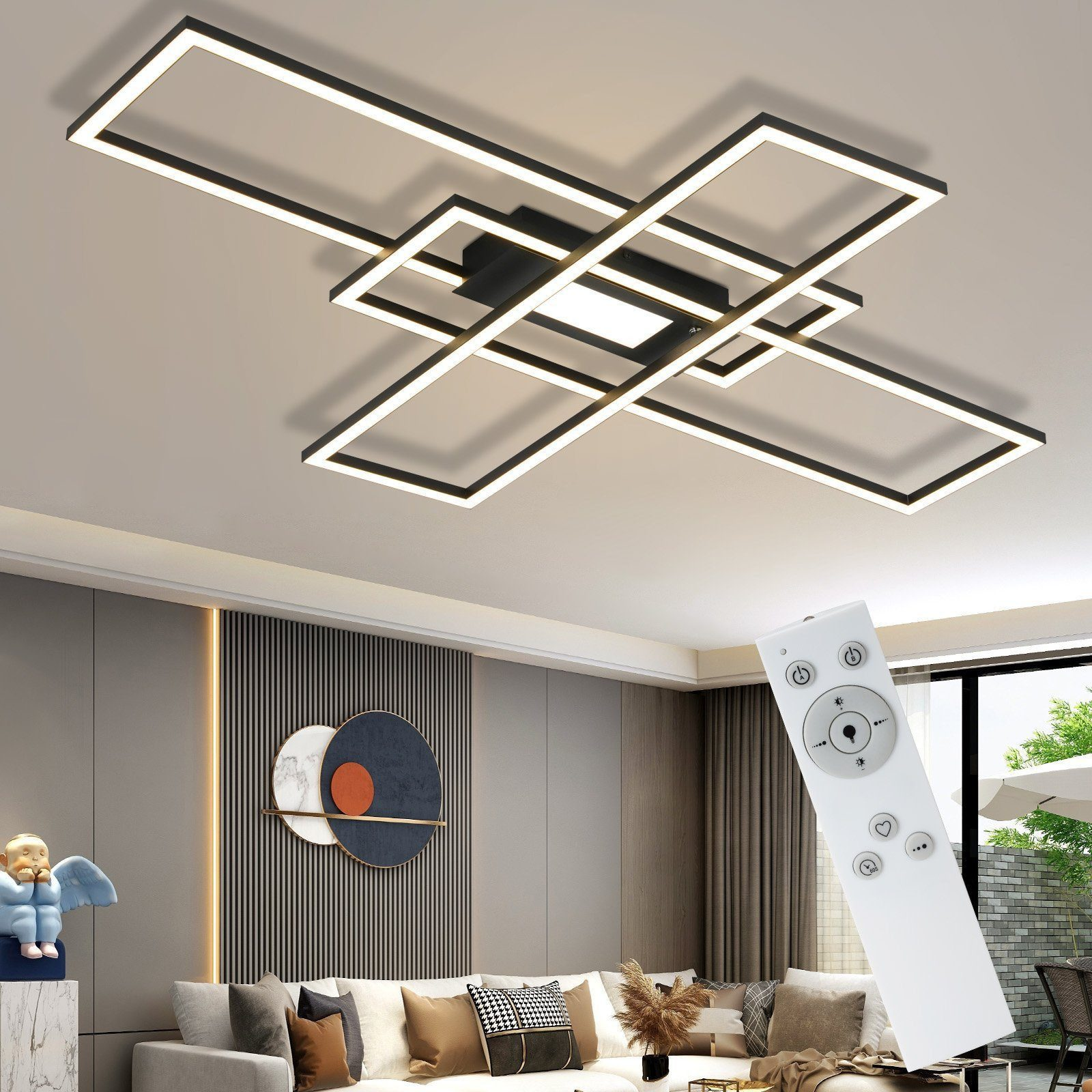 Lampada da soffitto moderna in soggiorno con telecomando.