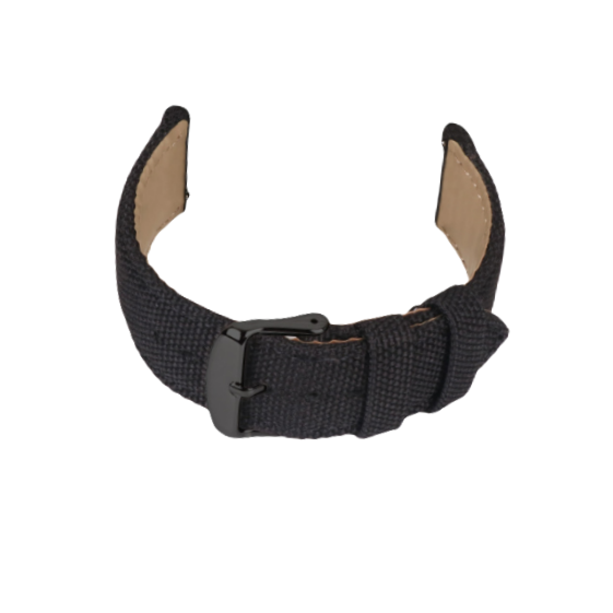 Schwarzes Uhrenarmband mit schwarzer Schnalle.