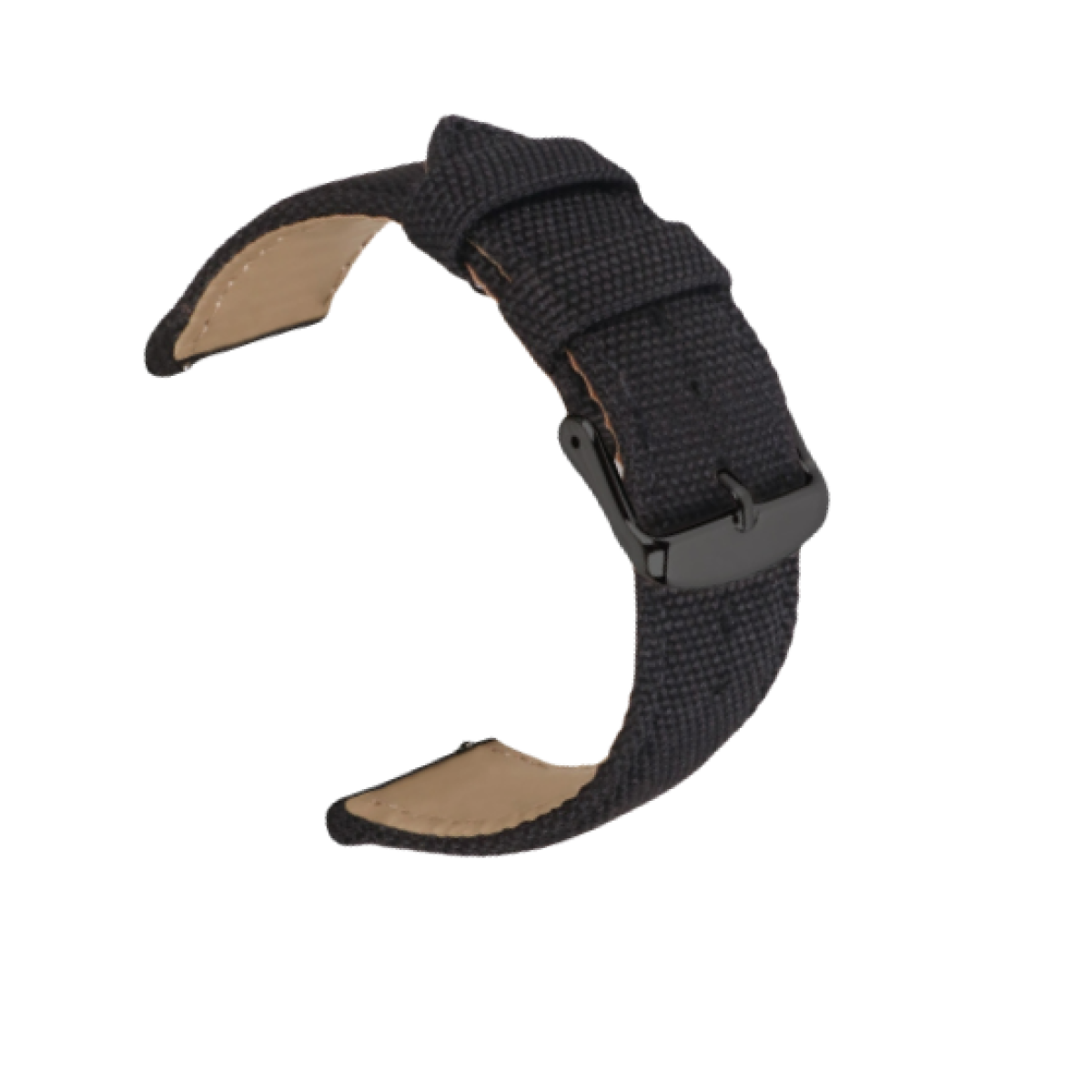 Schwarzes Uhrenarmband mit schwarzer Schnalle und hellbraunem Innenfutter.