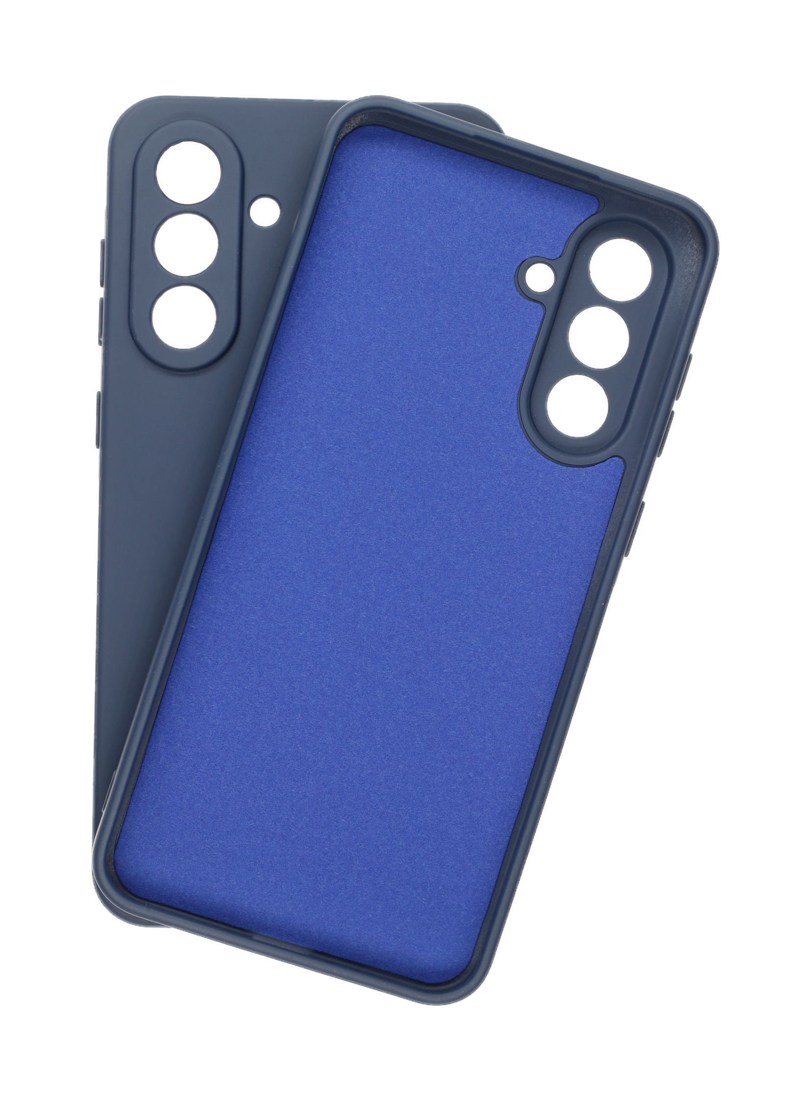 Zwei blaue Handyhüllen, eine in der anderen, liegen auf einer weißen Oberfläche. Nahaufnahme.
