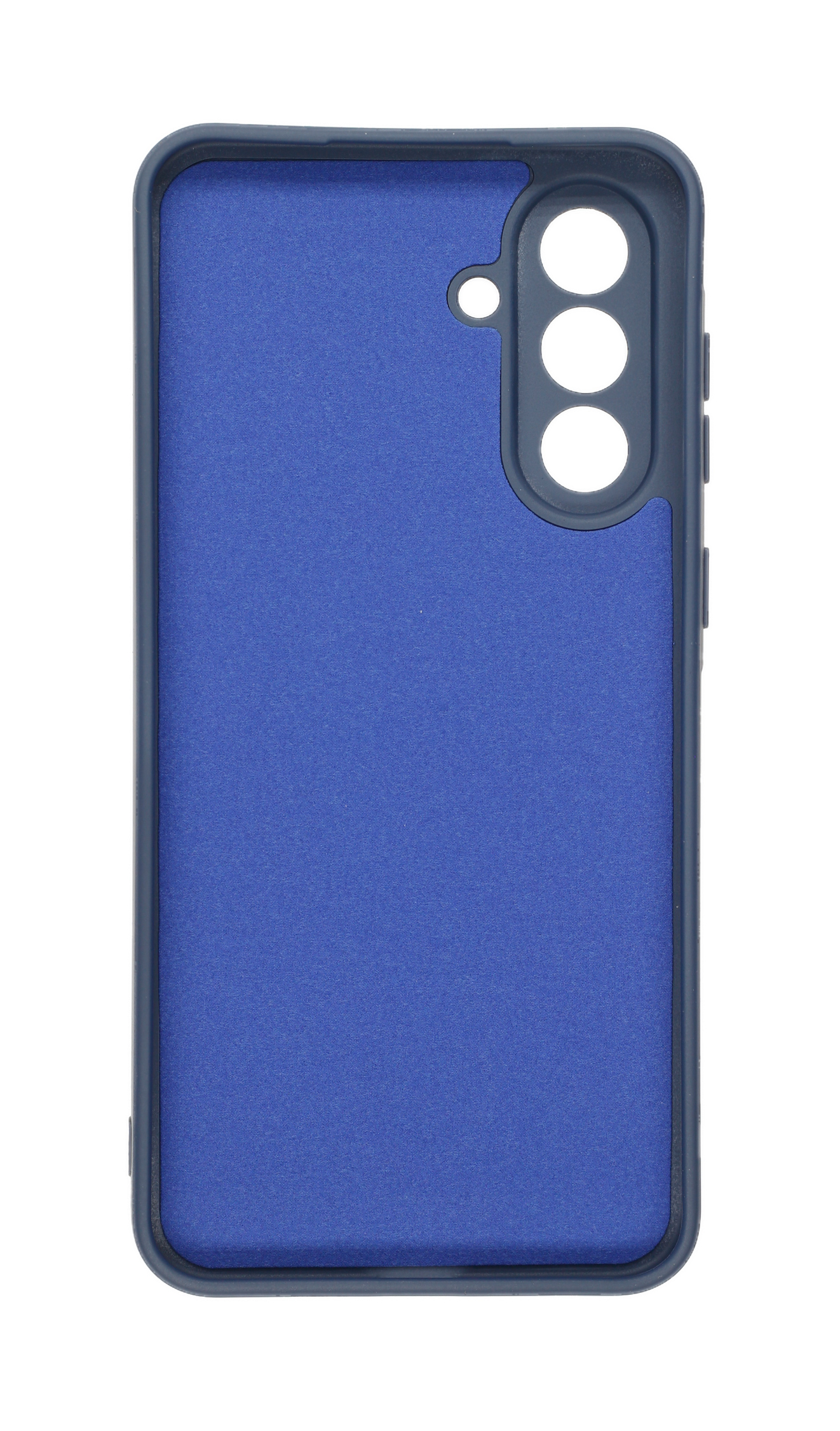 Eine blaue Handyhülle, Nahaufnahme auf weißem Hintergrund, zeigt Innen- und Außenseite.